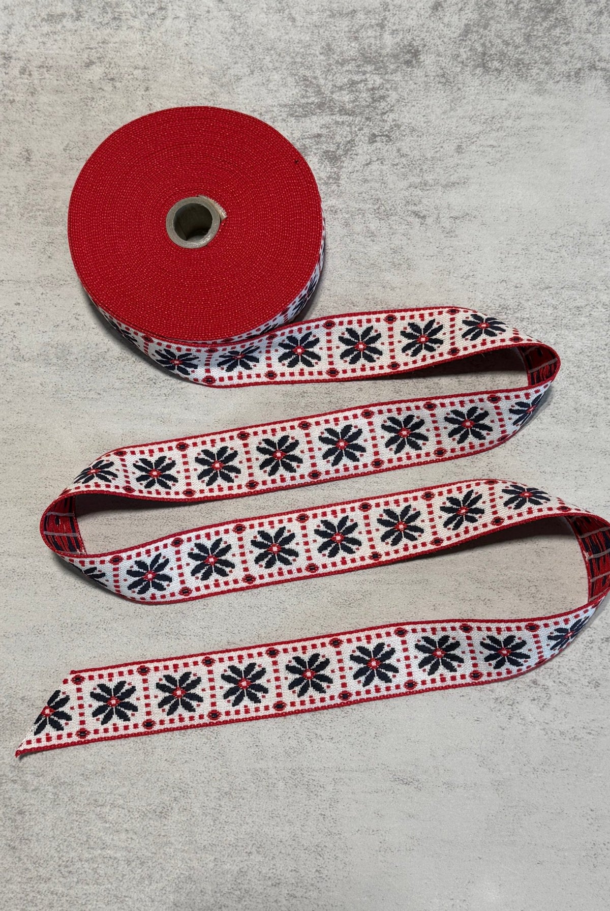 Flower Block in Red/Blue, 1” Vintage Jacquard Woven Trim. Trim - 168 - Boho Fabrics - Trims