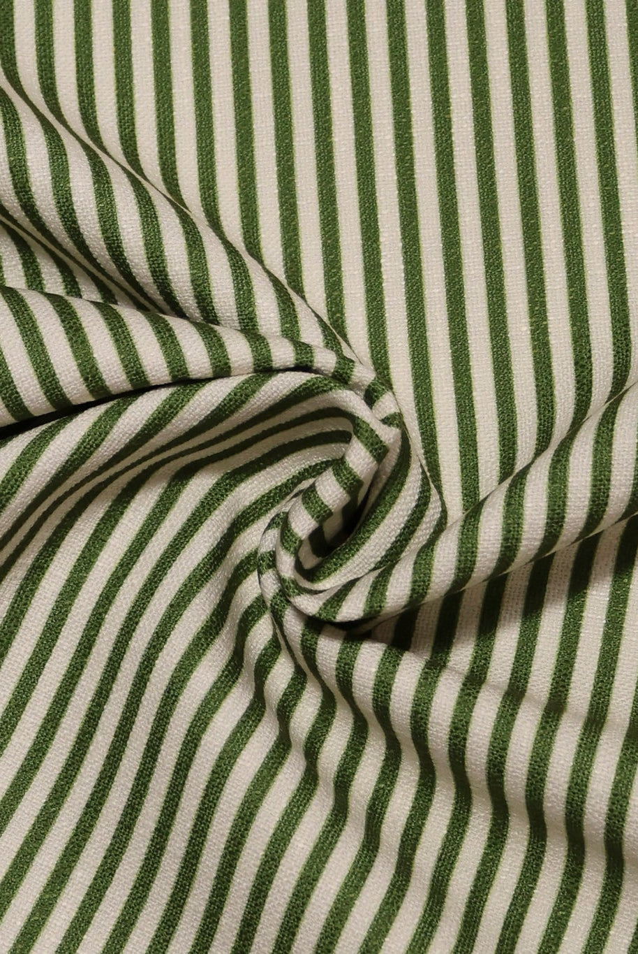 Garden Green & Ivory, 1/4" Narrow Striped Linen-Look Woven Fabric - Boho Fabrics - Home Dec. & Upholstery Fabric