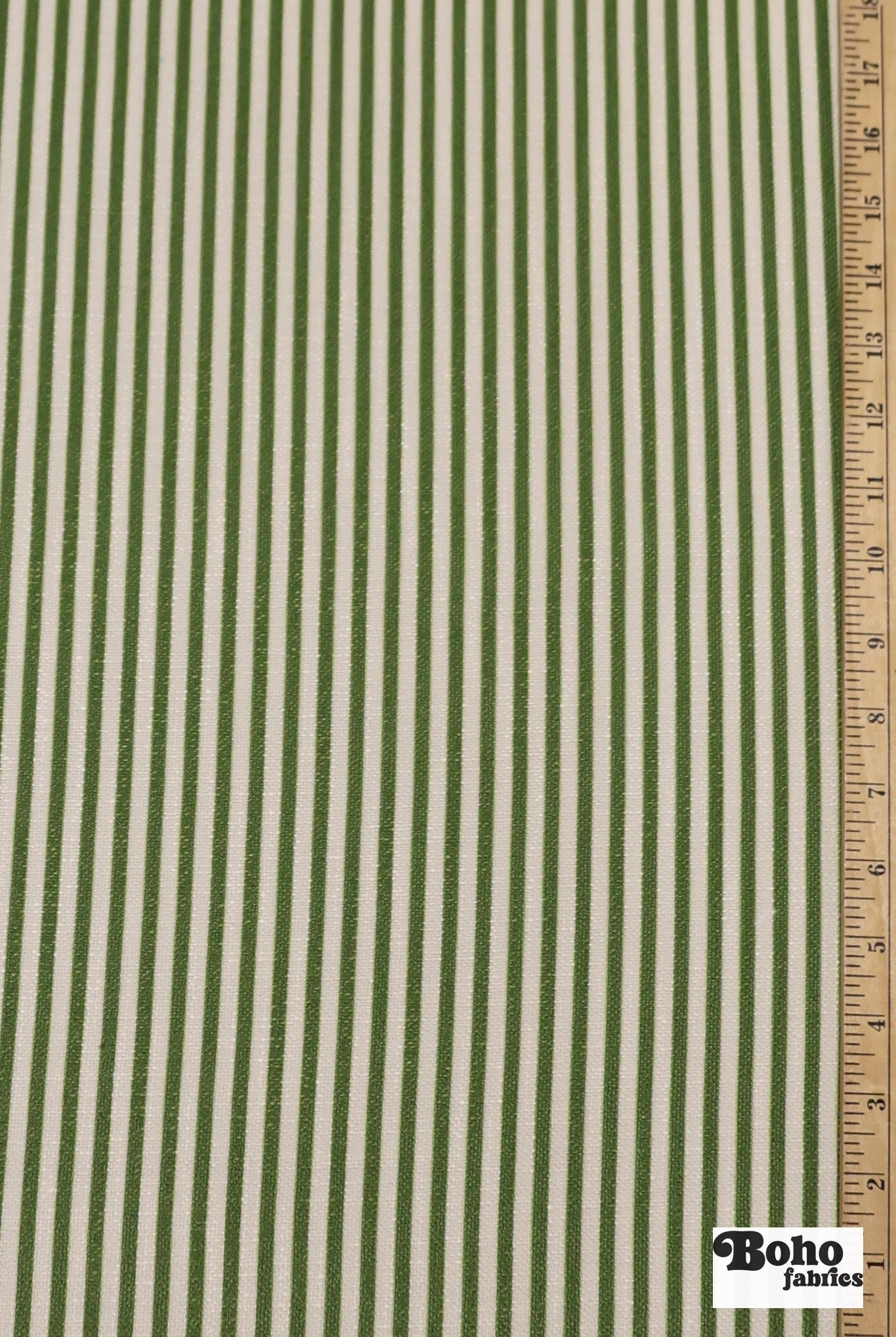 Garden Green & Ivory, 1/4" Narrow Striped Linen-Look Woven Fabric - Boho Fabrics - Home Dec. & Upholstery Fabric