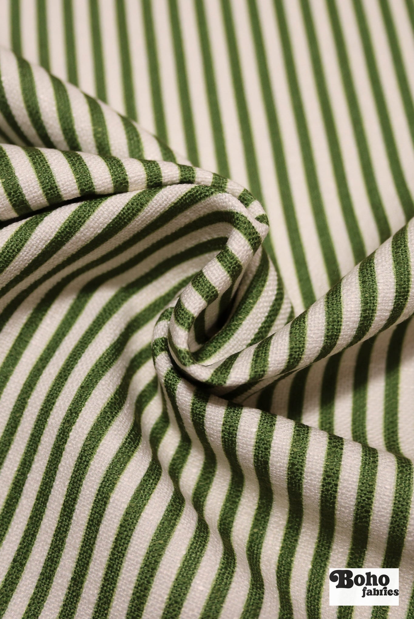 Garden Green & Ivory, 1/4" Narrow Striped Linen-Look Woven Fabric - Boho Fabrics - Home Dec. & Upholstery Fabric