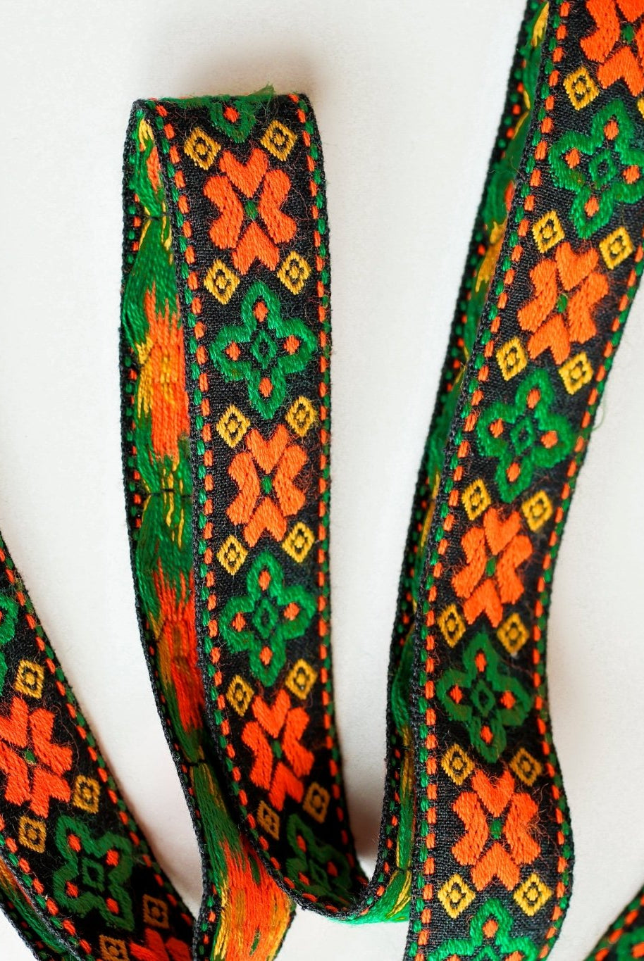 Geo Axis, Green/Orange on Black. Vintage Jacquard Woven Trim, 1" TRIM - 015 - Boho Fabrics - Trims