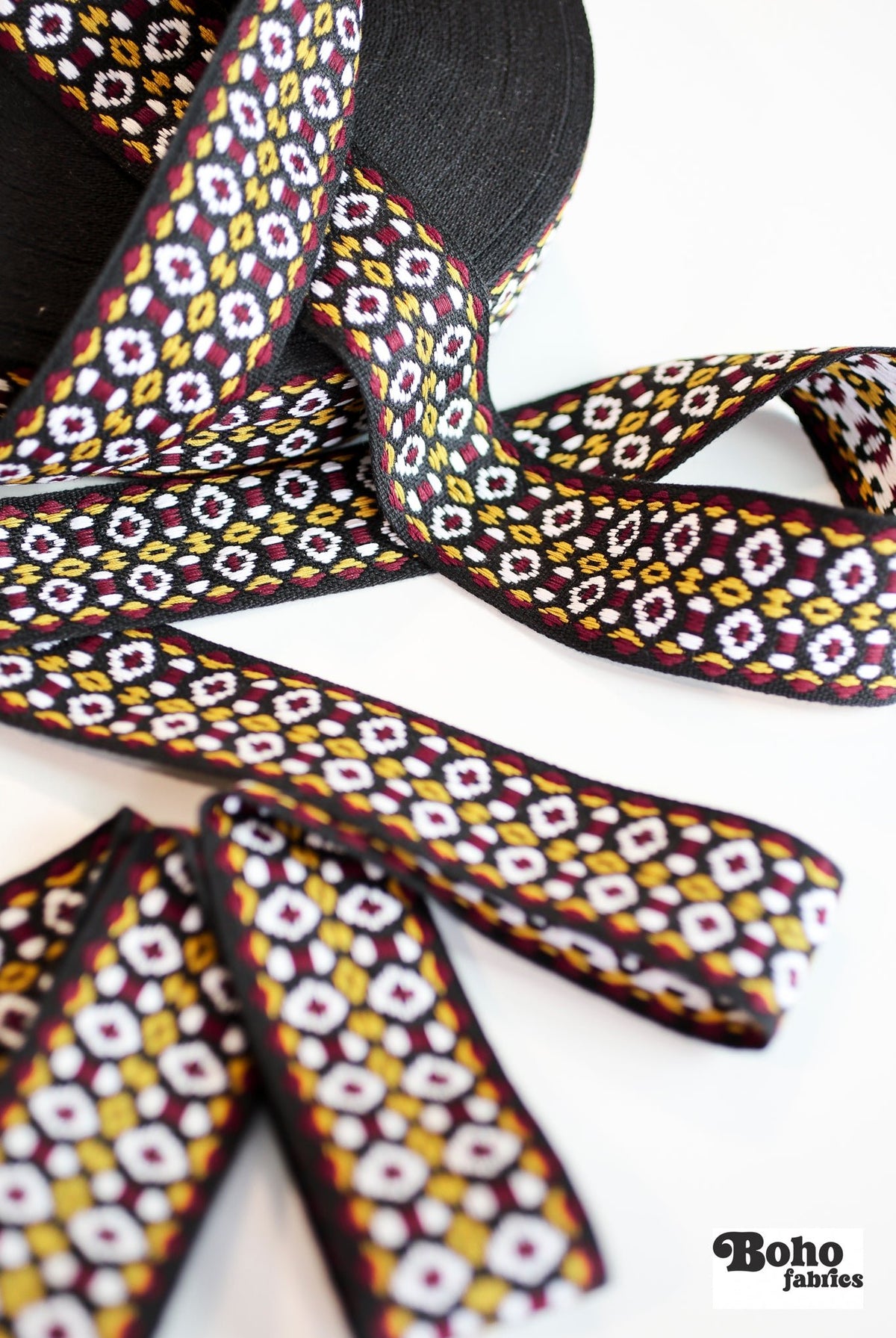 Geometric in Black, Burgundy & Gold, 2" Vintage Jacquard Woven Trim, TRIM - 003 - Boho Fabrics - Trims