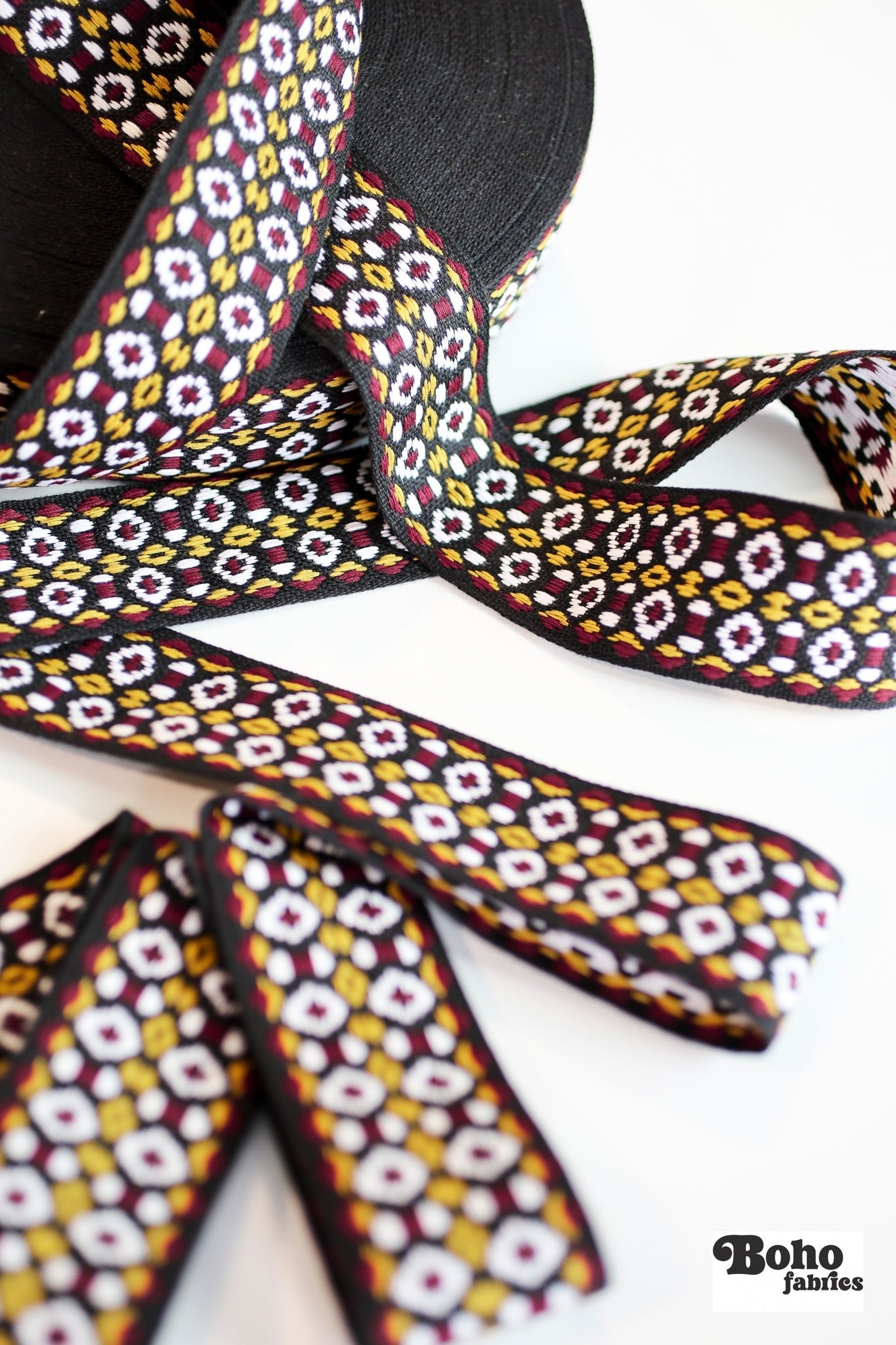 Geometric in Black, Burgundy & Gold, 2" Vintage Jacquard Woven Trim, TRIM - 003 - Boho Fabrics - Trims