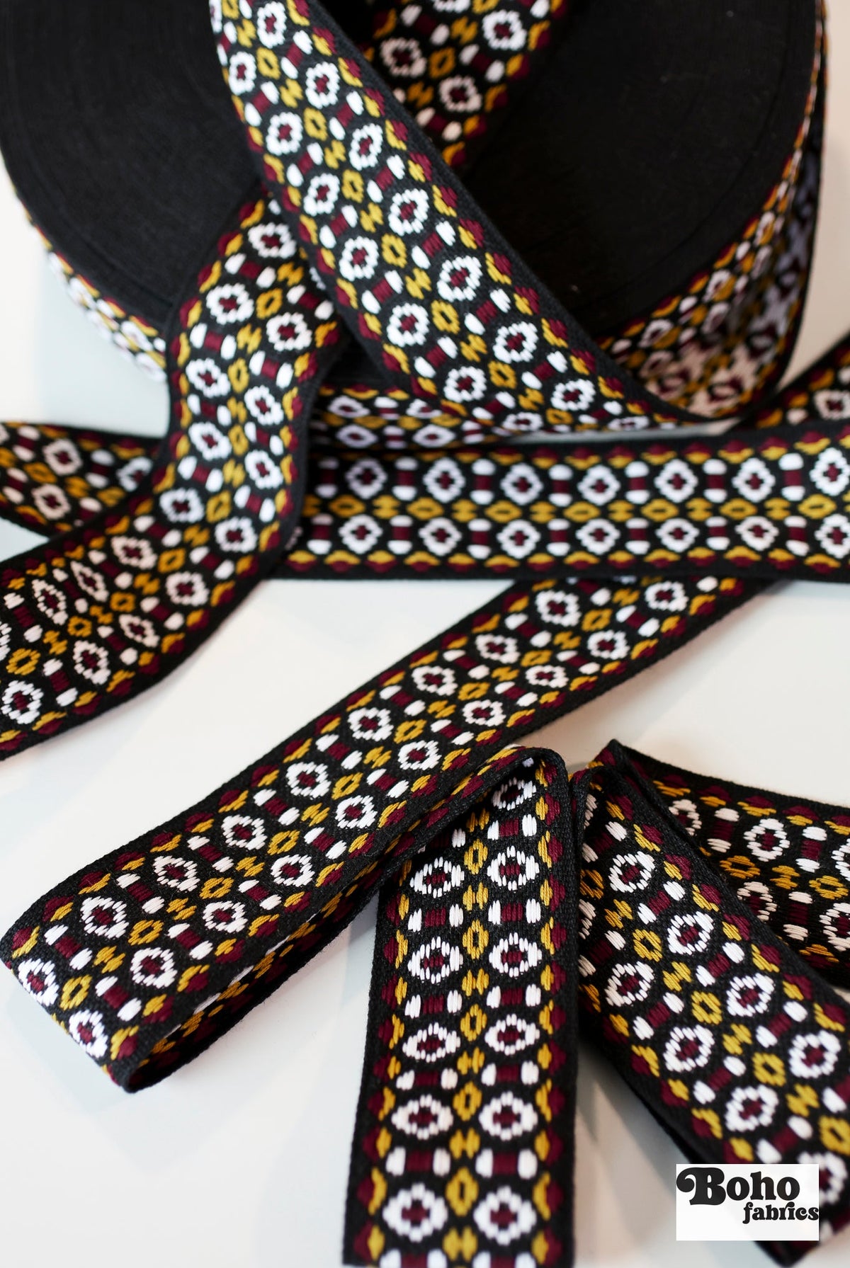 Geometric in Black, Burgundy & Gold, 2" Vintage Jacquard Woven Trim, TRIM - 003 - Boho Fabrics - Trims