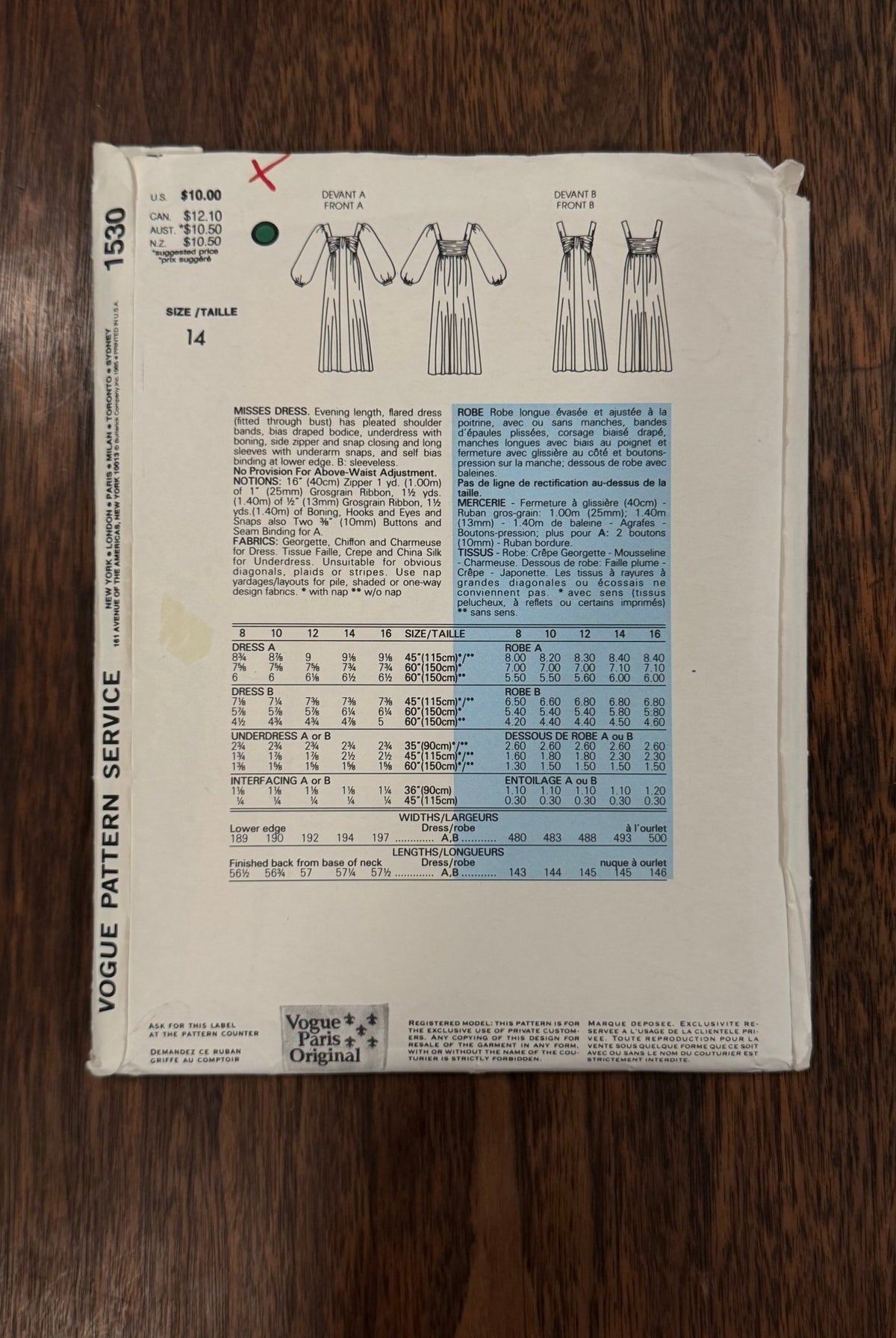 Givenchy | Vogue Paris Original Sewing Pattern #1530 — Draped Evening Gown with Boned Underdress, Size 14, Vintage 1985 - Boho Fabrics - Sewing Patterns