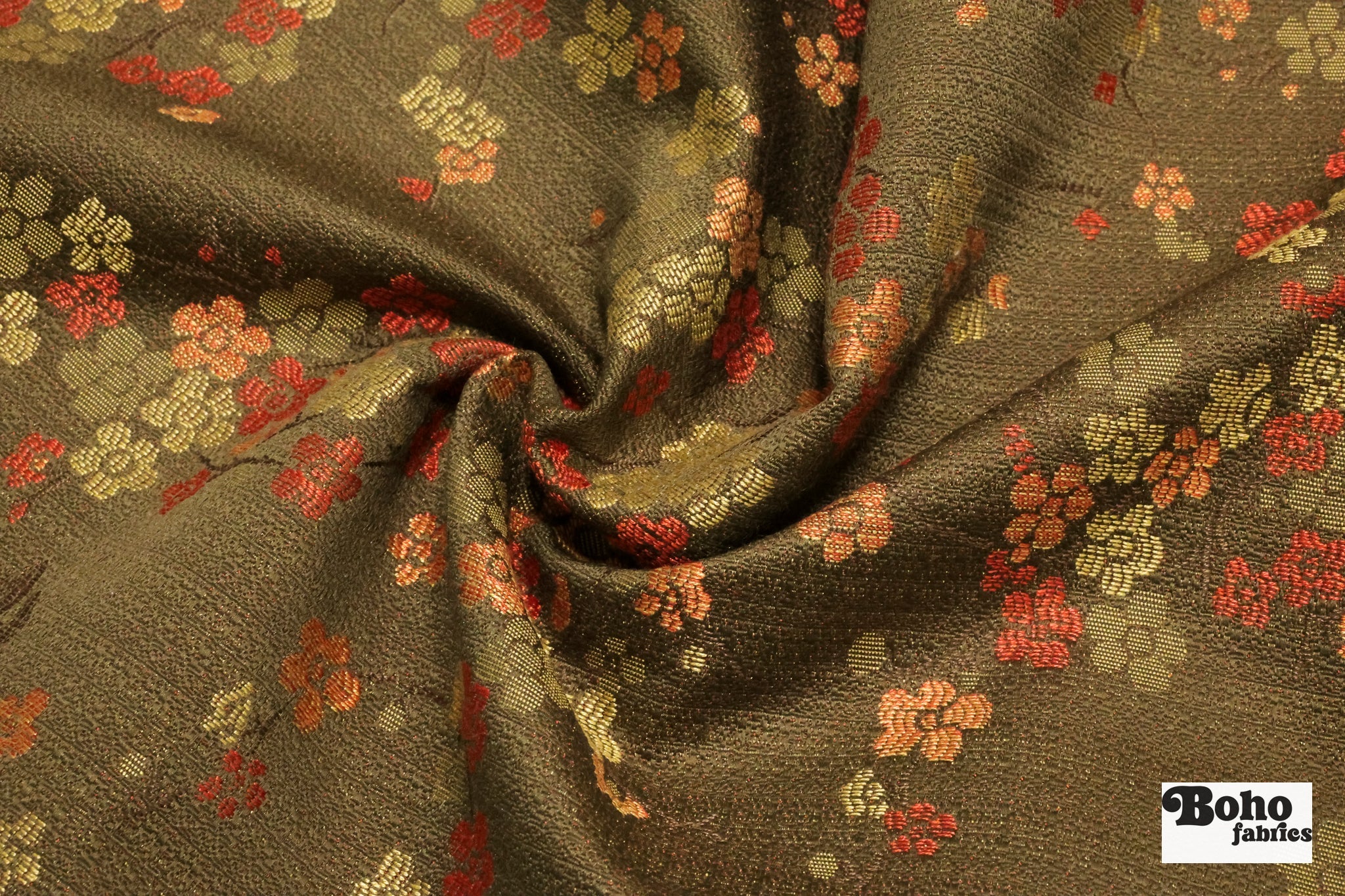 Gold & Crimson Floating Blossoms Jacquard Woven Fabric - Boho Fabrics - Jacquard, Woven