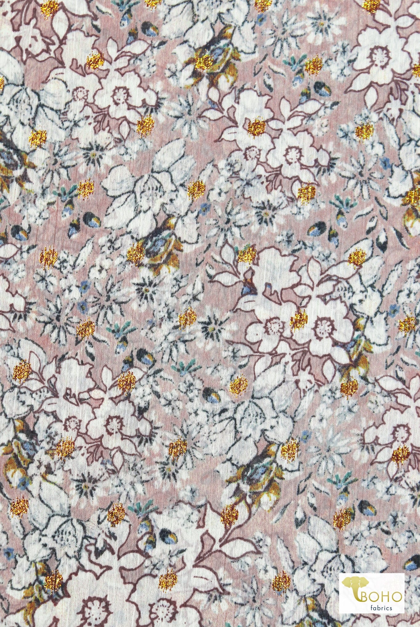 Gold Floral Polka Dots, Chiffon Woven - Boho Fabrics