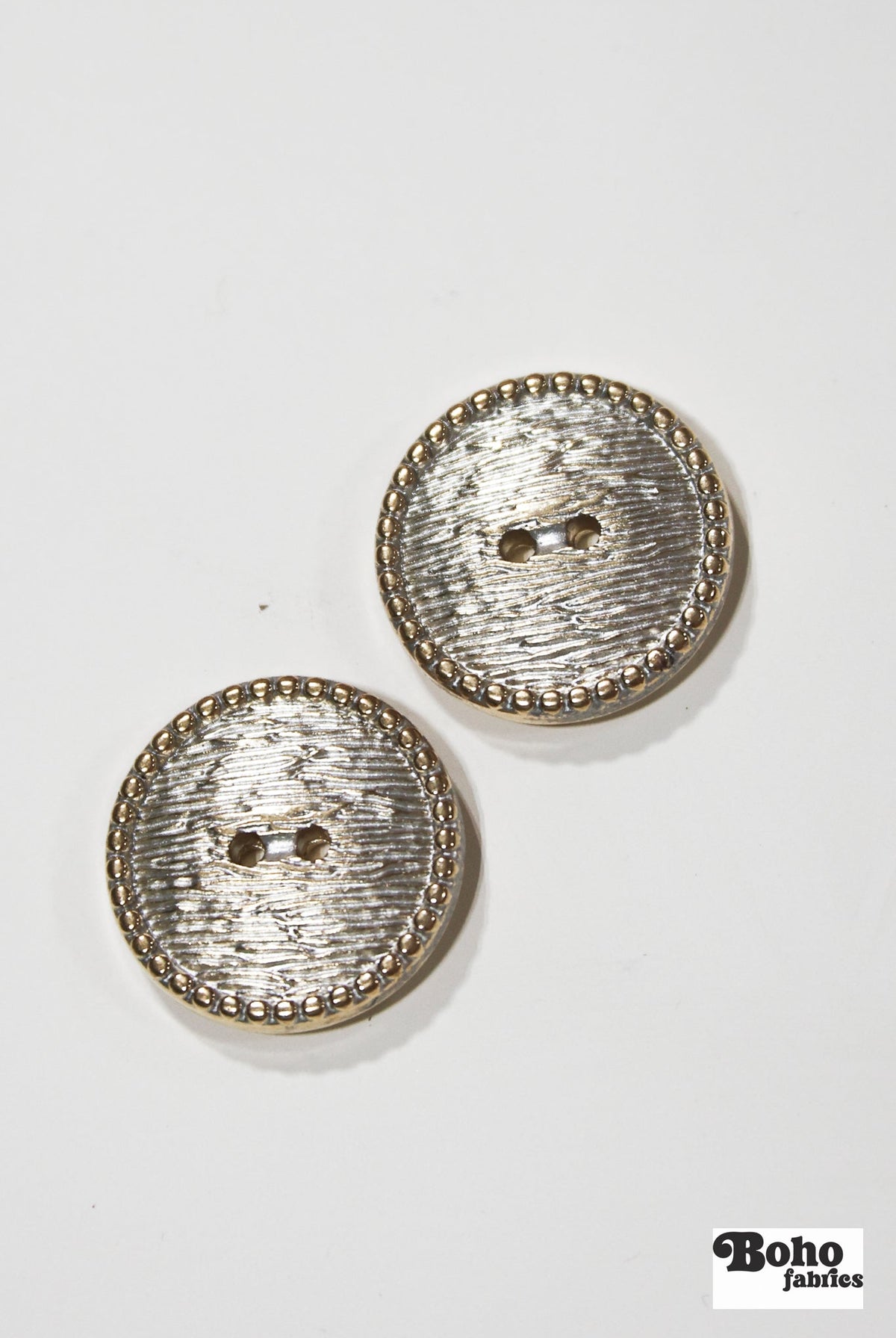 Gold & Silver Beaded Rim 2-Hole Plastic Buttons. 24L (15mm / 5/8"), 28L (18mm / 11/16"), 32L (20mm 13/16"), 40L (25mm / 1") - Boho Fabrics - Buttons & Snaps