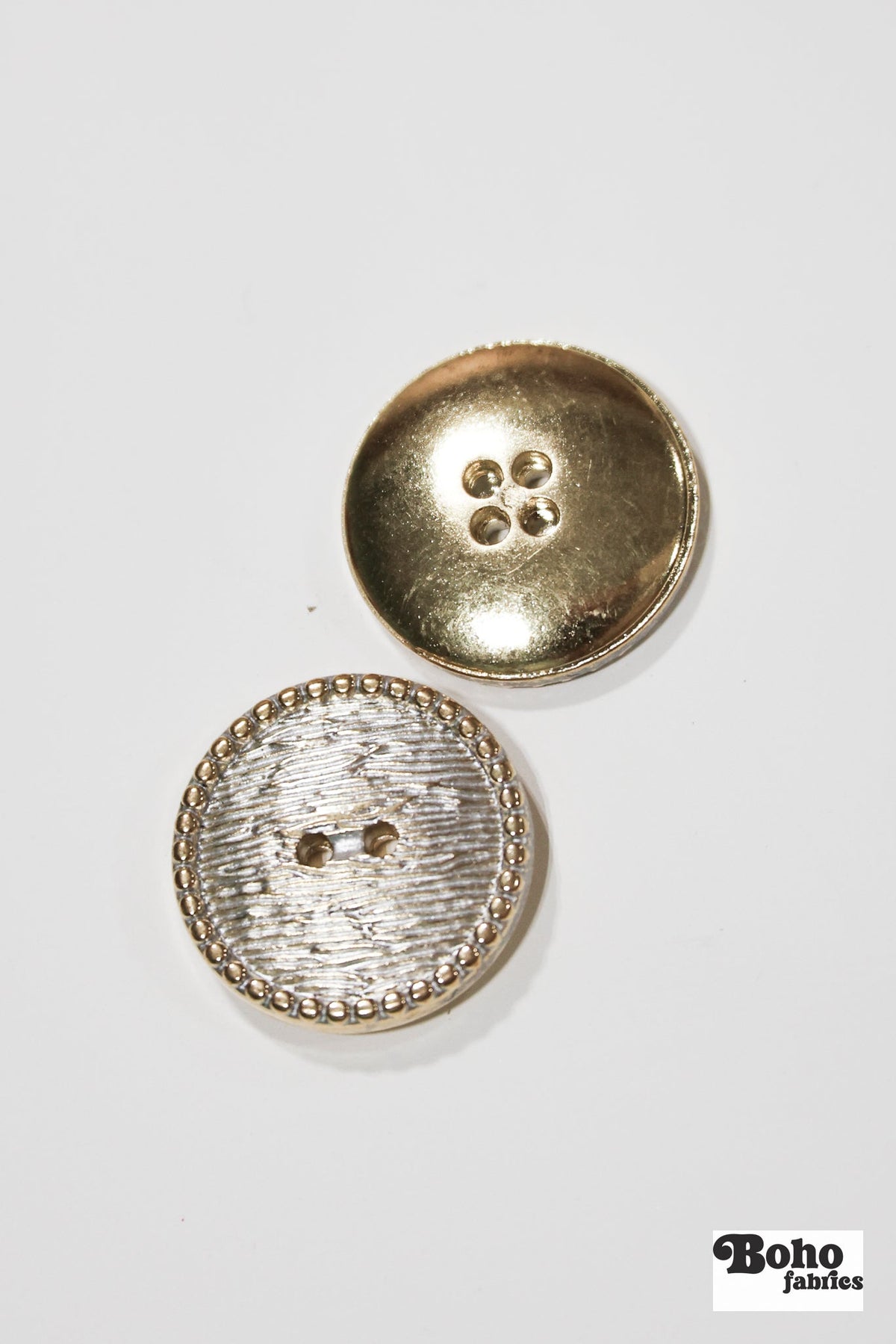 Gold & Silver Beaded Rim 2-Hole Plastic Buttons. 24L (15mm / 5/8"), 28L (18mm / 11/16"), 32L (20mm 13/16"), 40L (25mm / 1") - Boho Fabrics - Buttons & Snaps