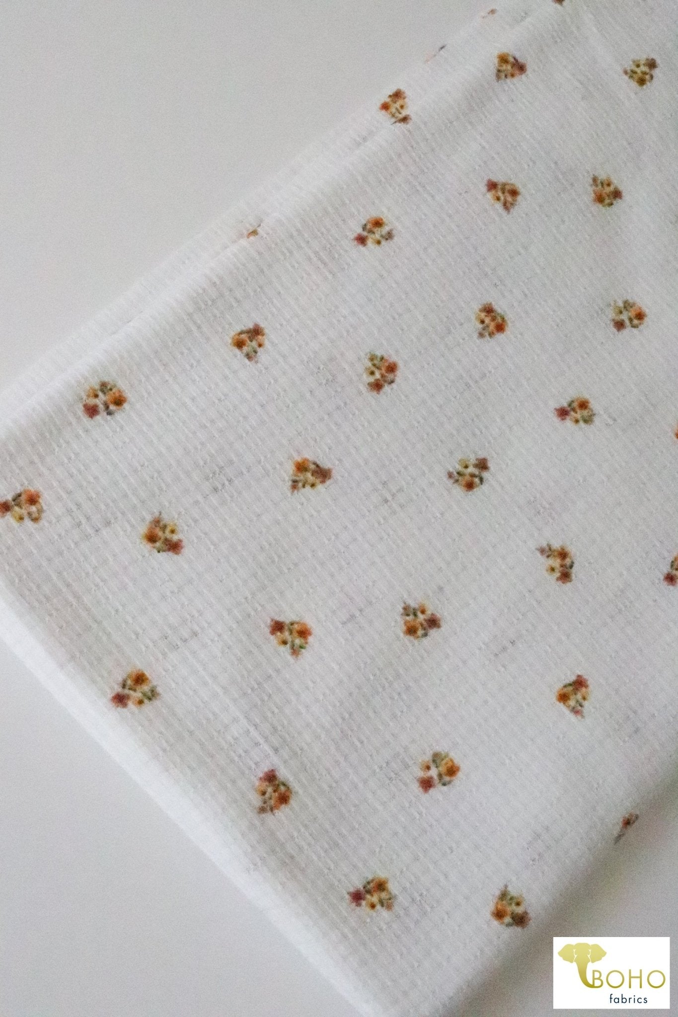 Golden Daisies on White, Pointelle Rib Knit. RIB-131 - Boho Fabrics