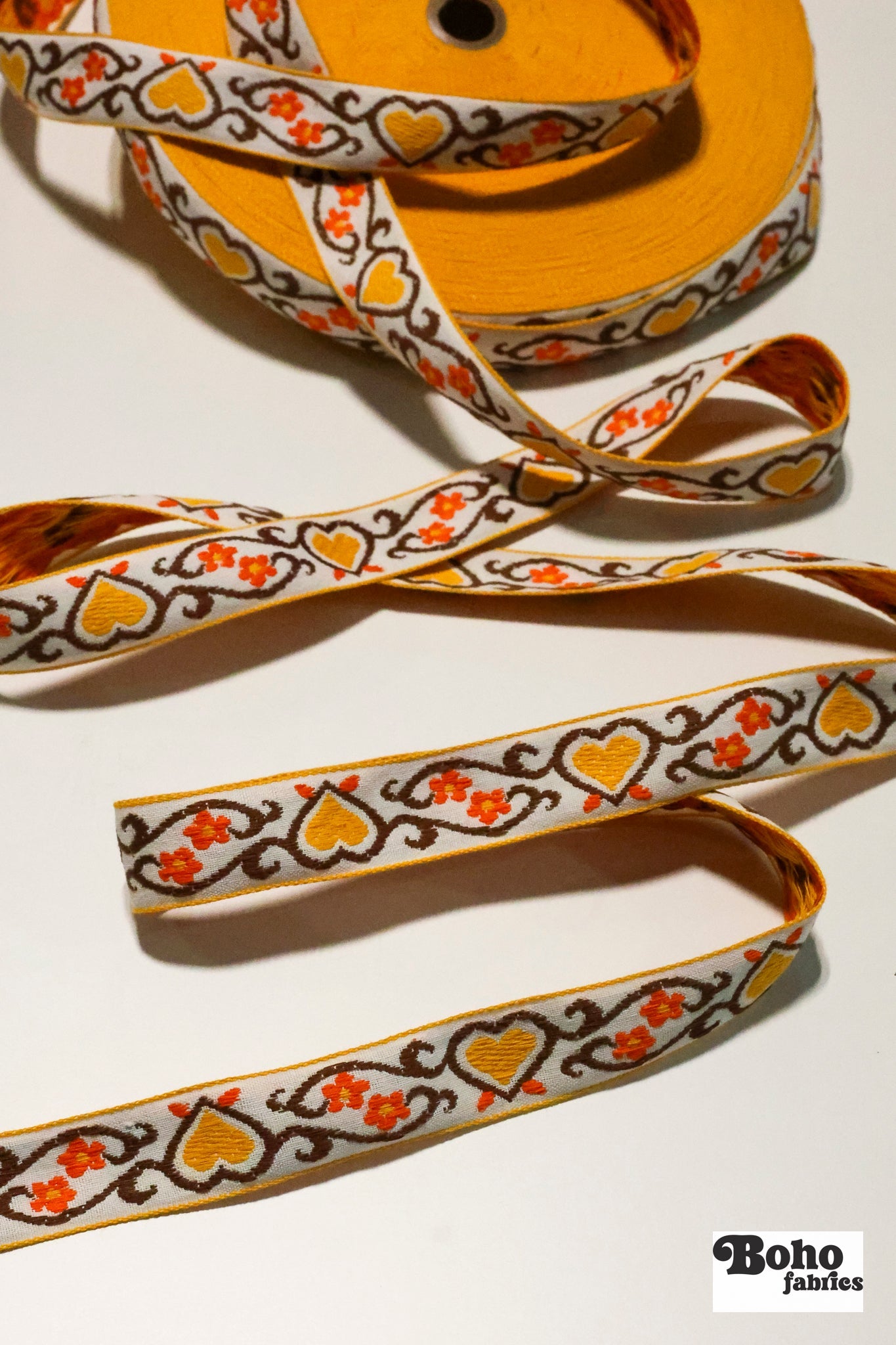 Golden Hearts, 7/8" Jacquared Woven Trim. TRIM - 006 - Boho Fabrics - Trims