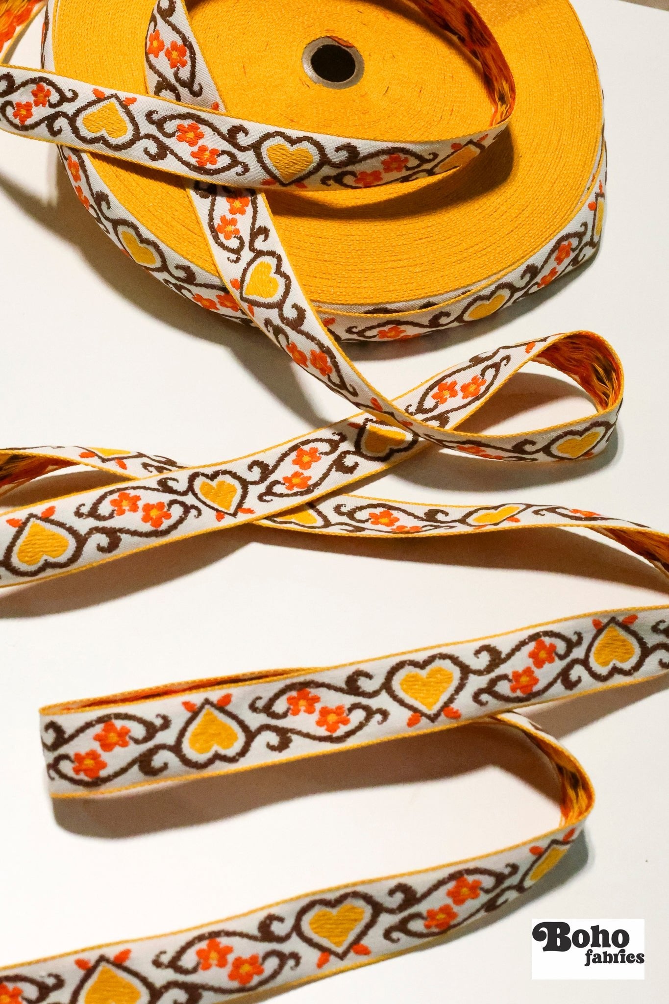 Golden Hearts, 7/8" Jacquared Woven Trim. TRIM - 006 - Boho Fabrics - Trims