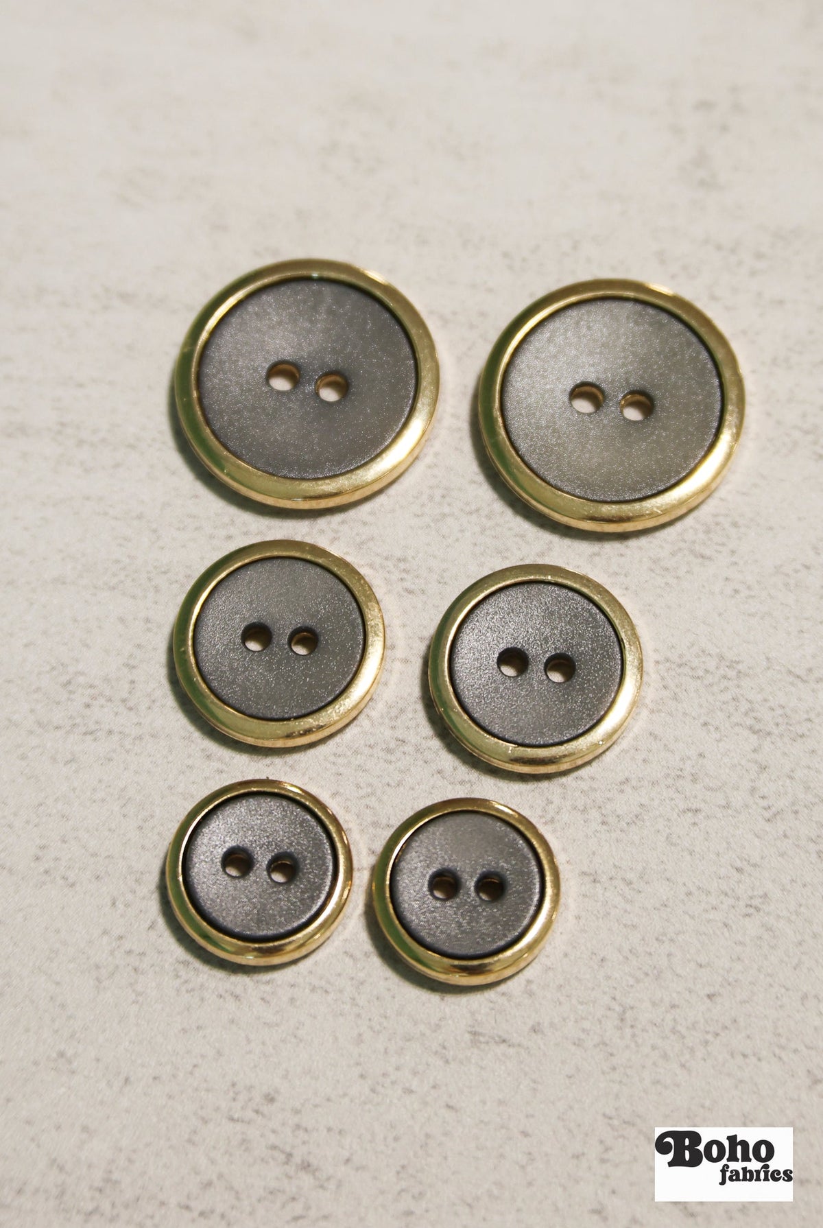 Gray Gold Rimmed Two-hole Buttons. 24L (15mm / 5/8"), 28L (18mm / 11/16"), 36L (23mm / 7/8") - Boho Fabrics - Buttons & Snaps