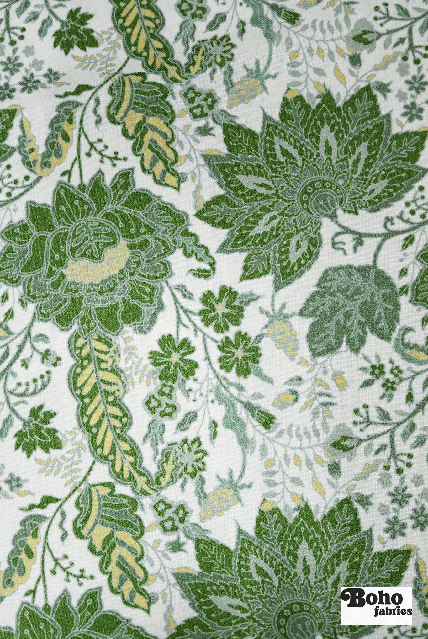 Green Jacobean Botanical Linen-Look Canvas Woven Fabric - Boho Fabrics - Home Dec. & Upholstery Fabric