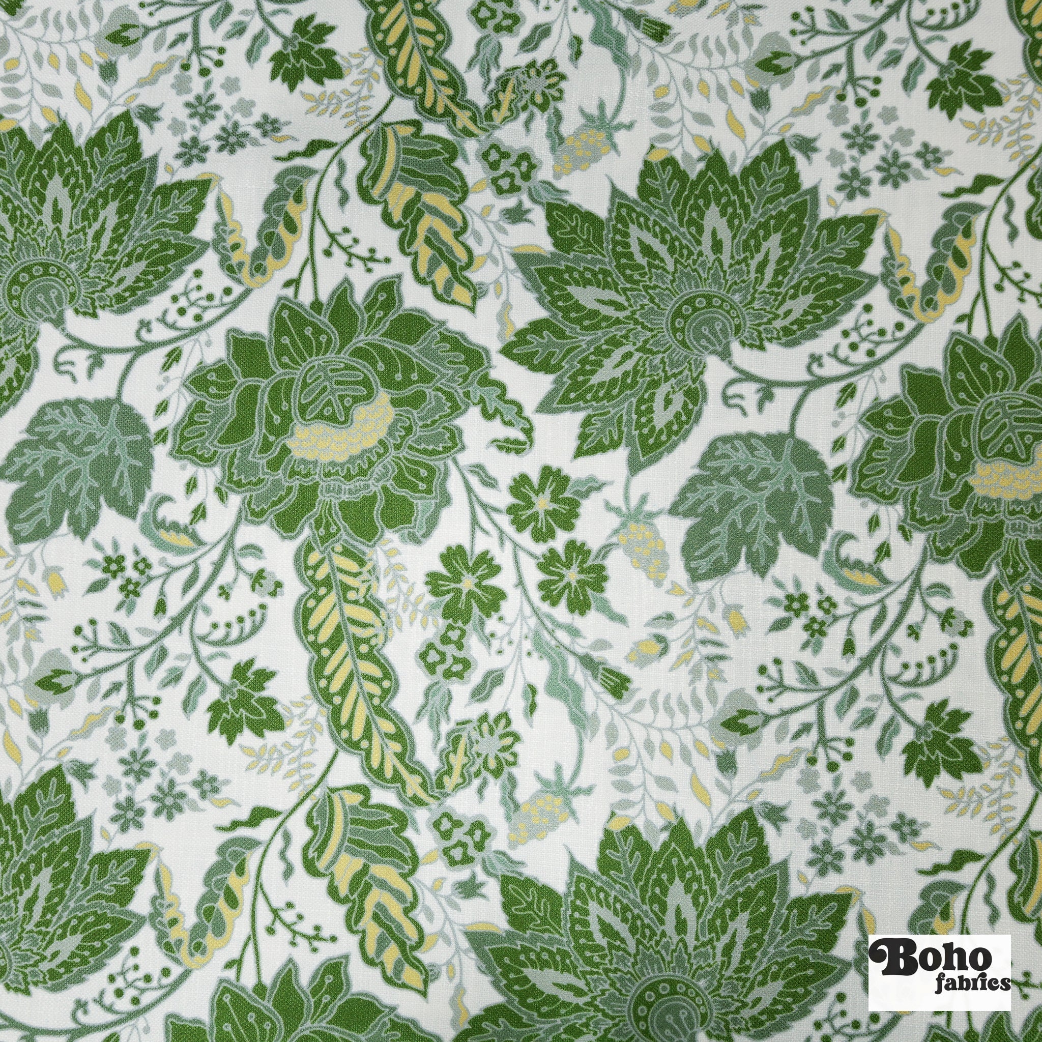 Green Jacobean Botanical Linen-Look Canvas Woven Fabric - Boho Fabrics - Home Dec. & Upholstery Fabric