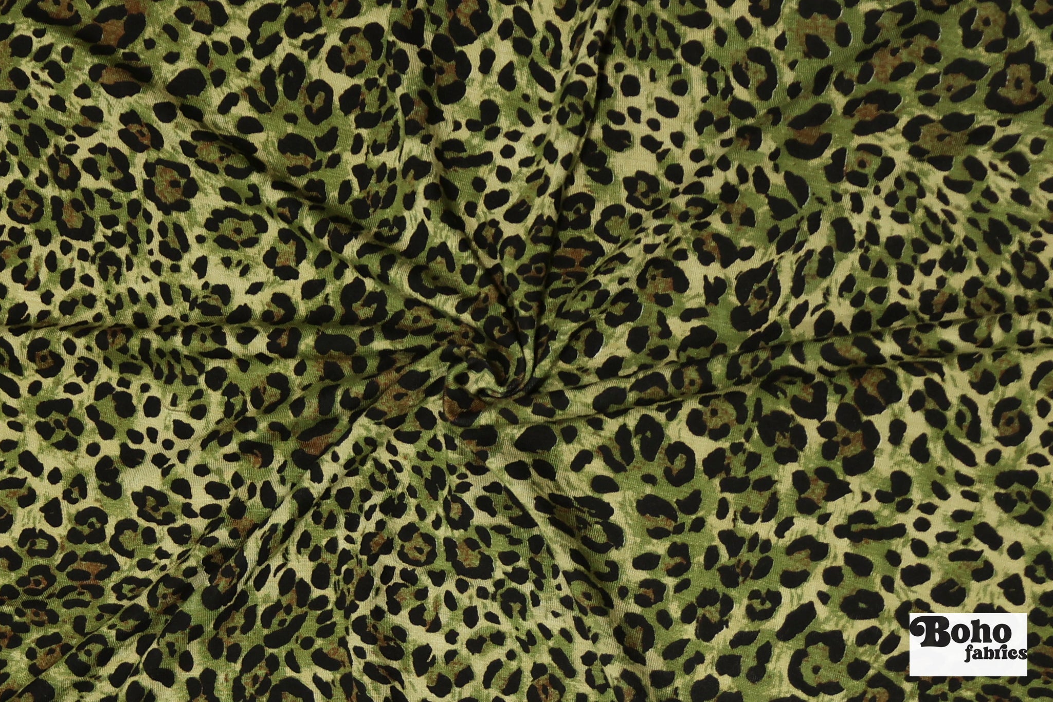 Green Leopard Print, Rayon Spandex Jersey Knit Fabric - Boho Fabrics - Rayon Jersey Solid, Knit Fabric