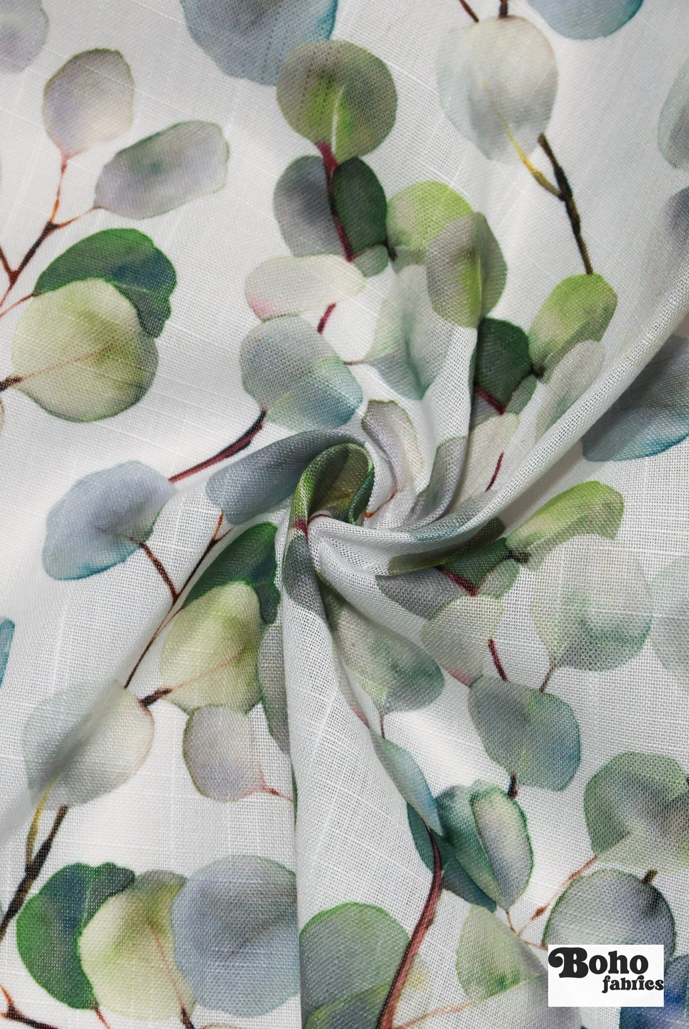 Green Watercolor Eucalyptus Linen-Look Woven Fabric - Boho Fabrics - Home Dec. & Upholstery Fabric