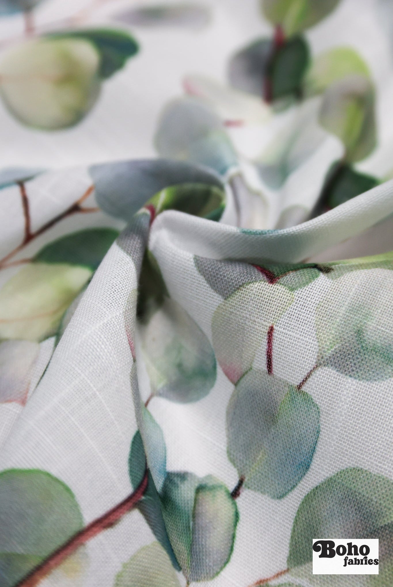 Green Watercolor Eucalyptus Linen-Look Woven Fabric - Boho Fabrics - Home Dec. & Upholstery Fabric