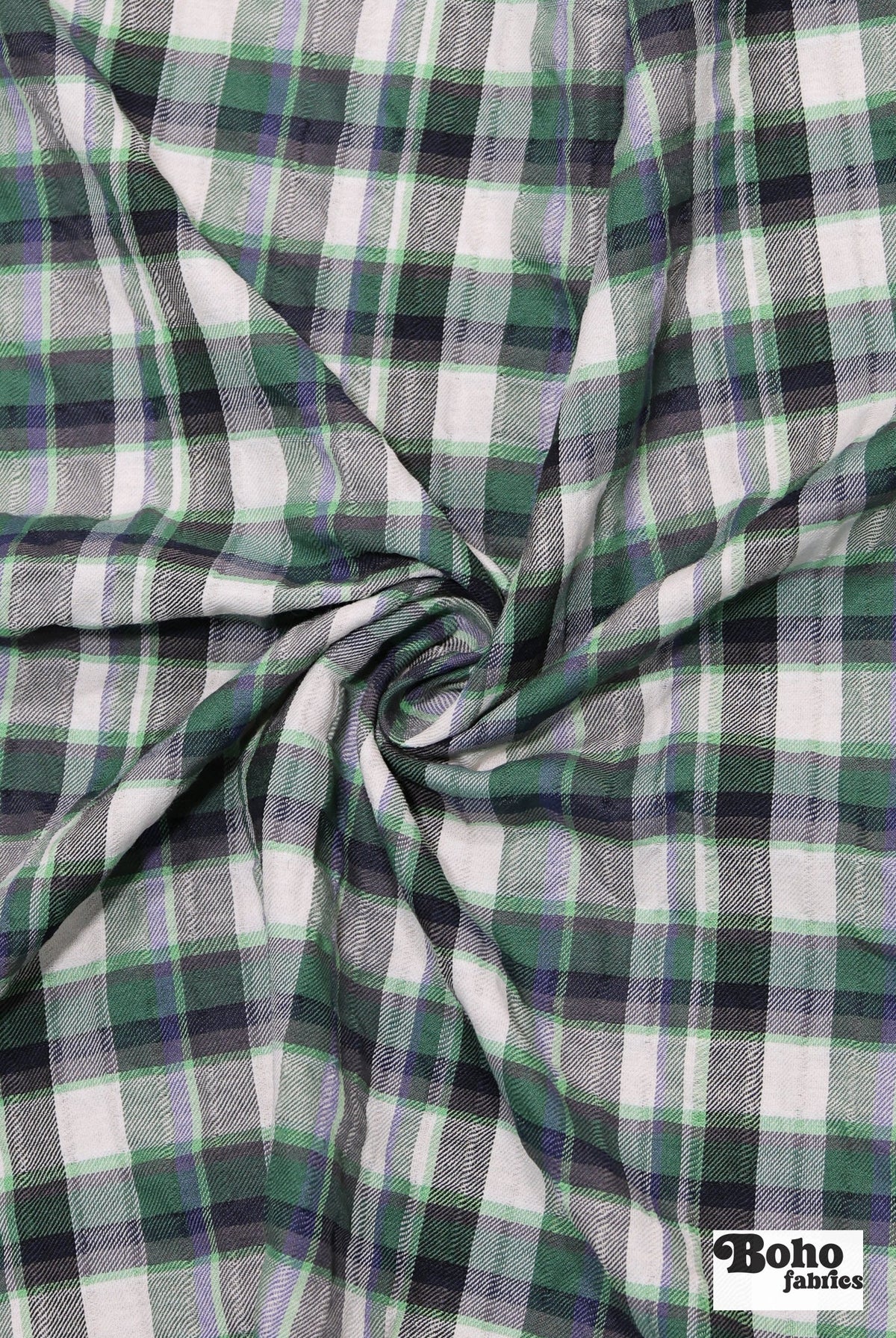 Green, White, & Black Plaid Woven Fabric - Boho Fabrics - Woven Fabric