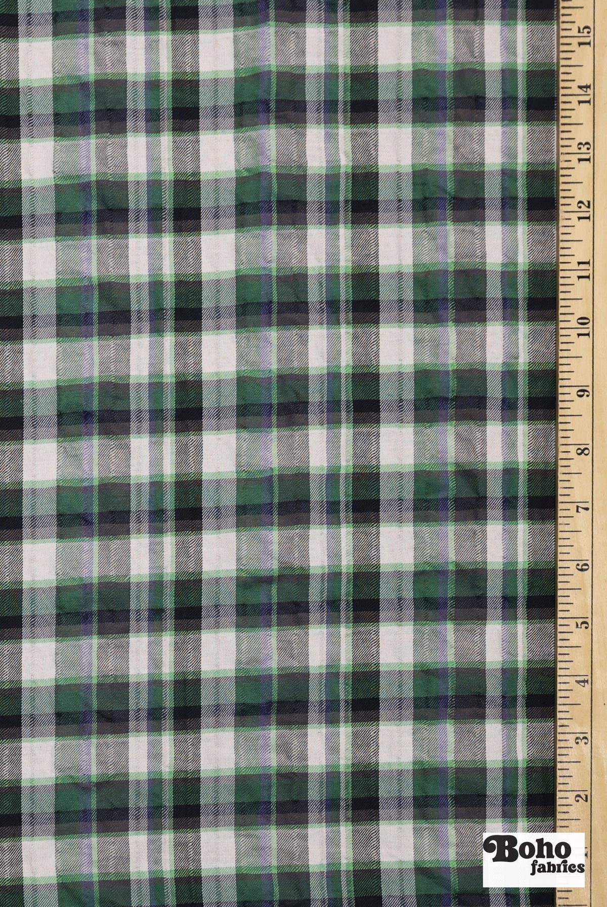 Green, White, & Black Plaid Woven Fabric - Boho Fabrics - Woven Fabric
