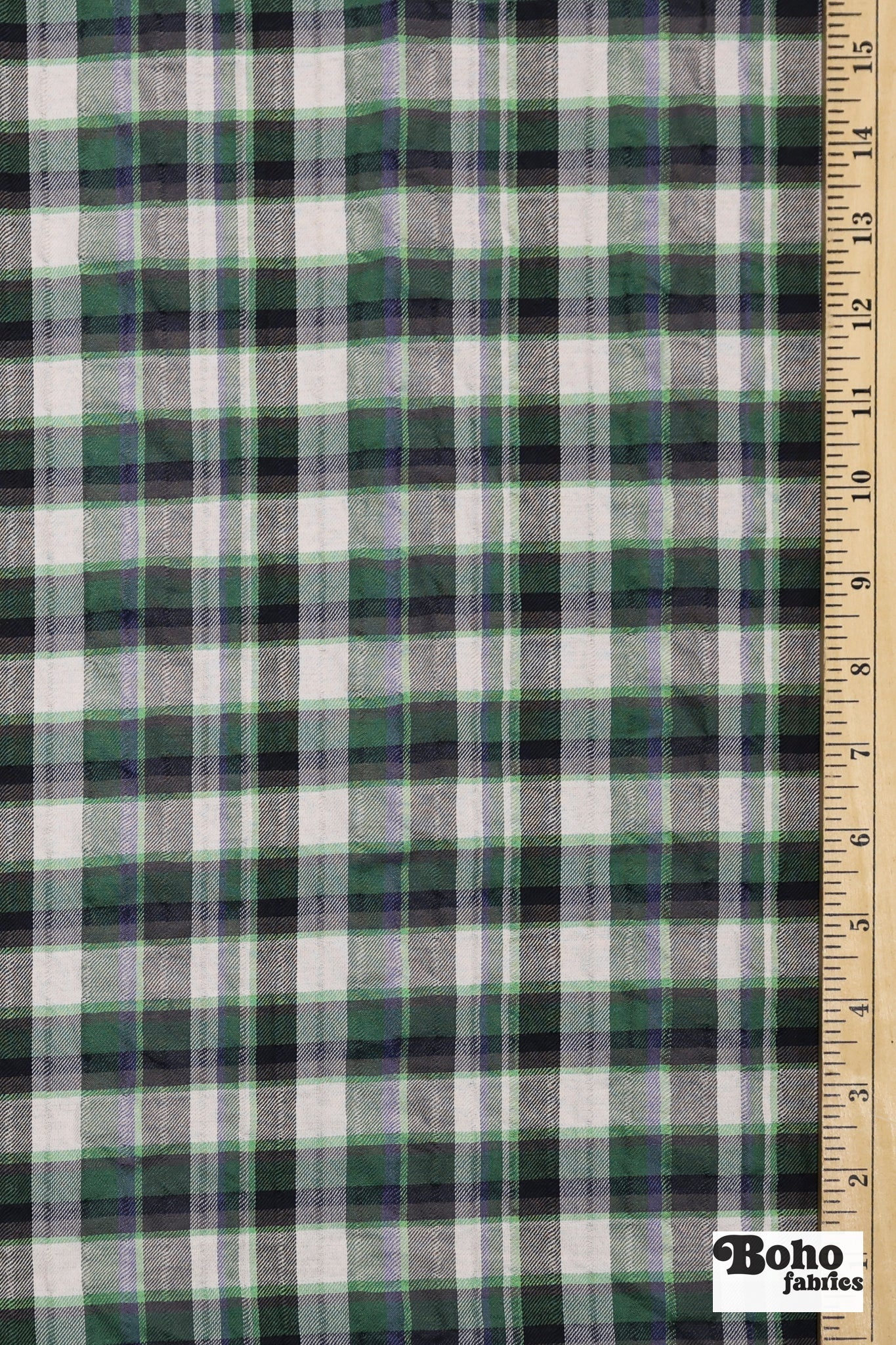 Green, White, & Black Plaid Woven Fabric - Boho Fabrics - Woven Fabric