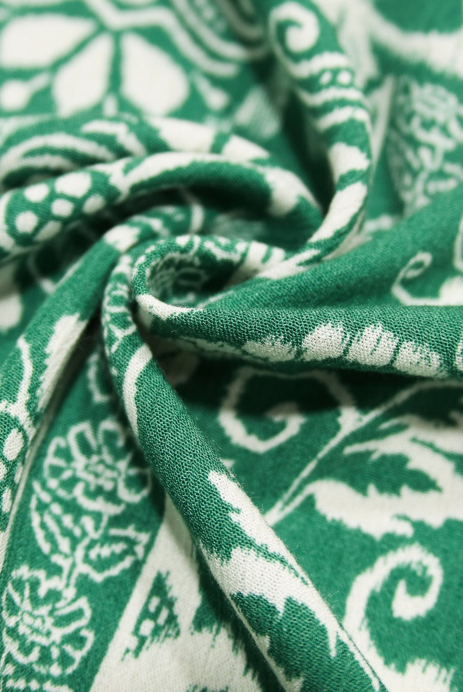 Green & White Ikat-Inspired Floral Patchwork Rayon Crepe Woven Fabric - Boho Fabrics - Crepe, Woven