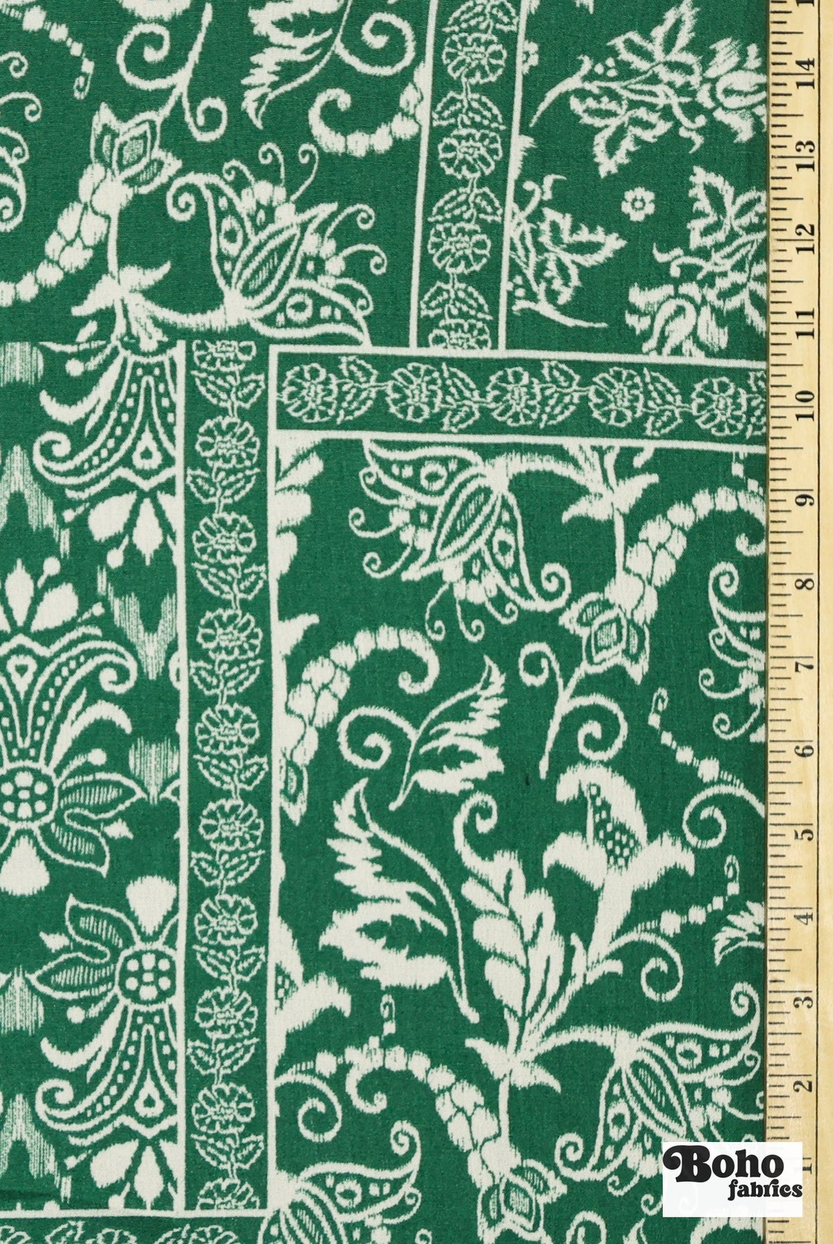 Green & White Ikat-Inspired Floral Patchwork Rayon Crepe Woven Fabric - Boho Fabrics - Crepe, Woven