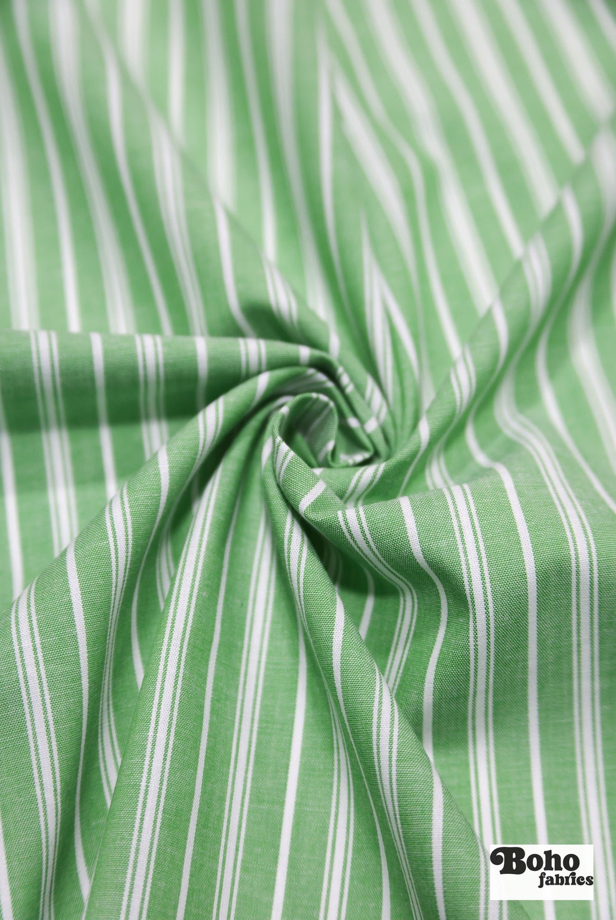Green with Thin White Stripes Cotton Shirting Woven Fabric - Boho Fabrics - Woven, Fabric