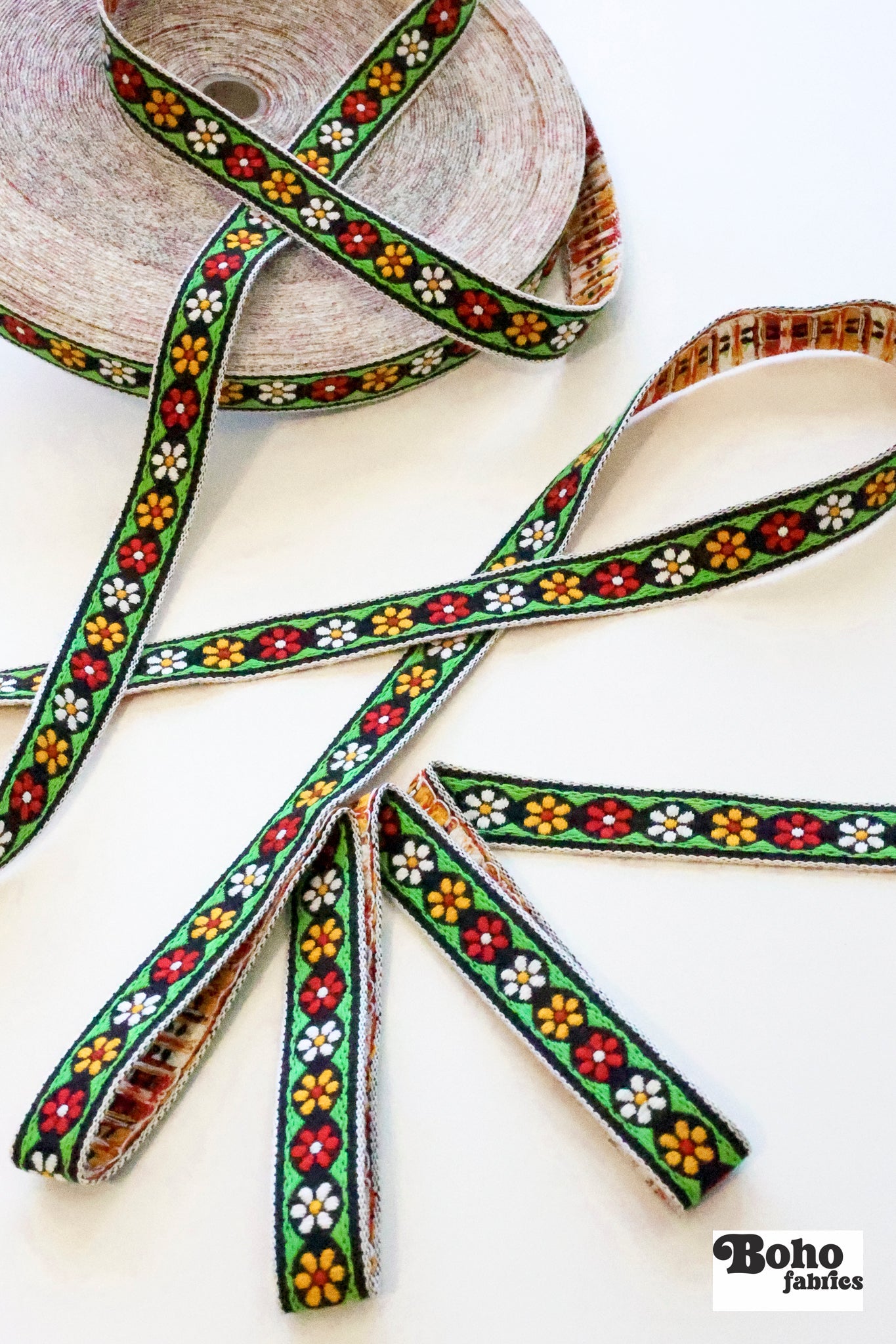 Groovy Daisy in Green, Red & Yellow, on Black, 11/16" Vintage Jacquard Woven Trim, TRIM - 085 - Boho Fabrics - Trims