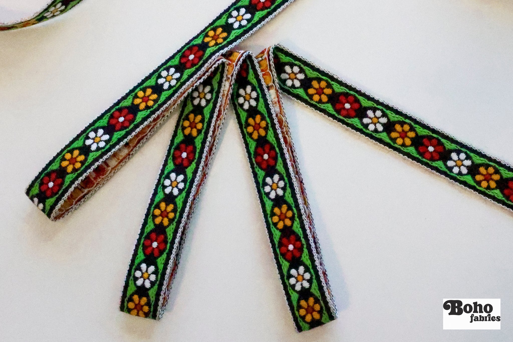 Groovy Daisy in Green, Red & Yellow, on Black, 11/16" Vintage Jacquard Woven Trim, TRIM - 085 - Boho Fabrics - Trims