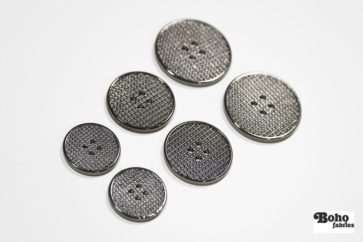Gunmetal Grid 4-Hole Plastic Button. 32L (20mm 13/16"), 40L (25mm / 1"), 48L (30mm / 1 3/16") - Boho Fabrics - Buttons & Snaps