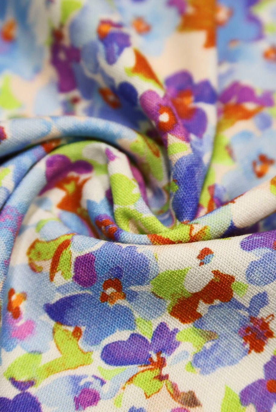 Hillside Posies in Bluebell. Rayon Slub Stretch Woven Fabric - Linen Look - Boho Fabrics - Stretch Woven Fabric