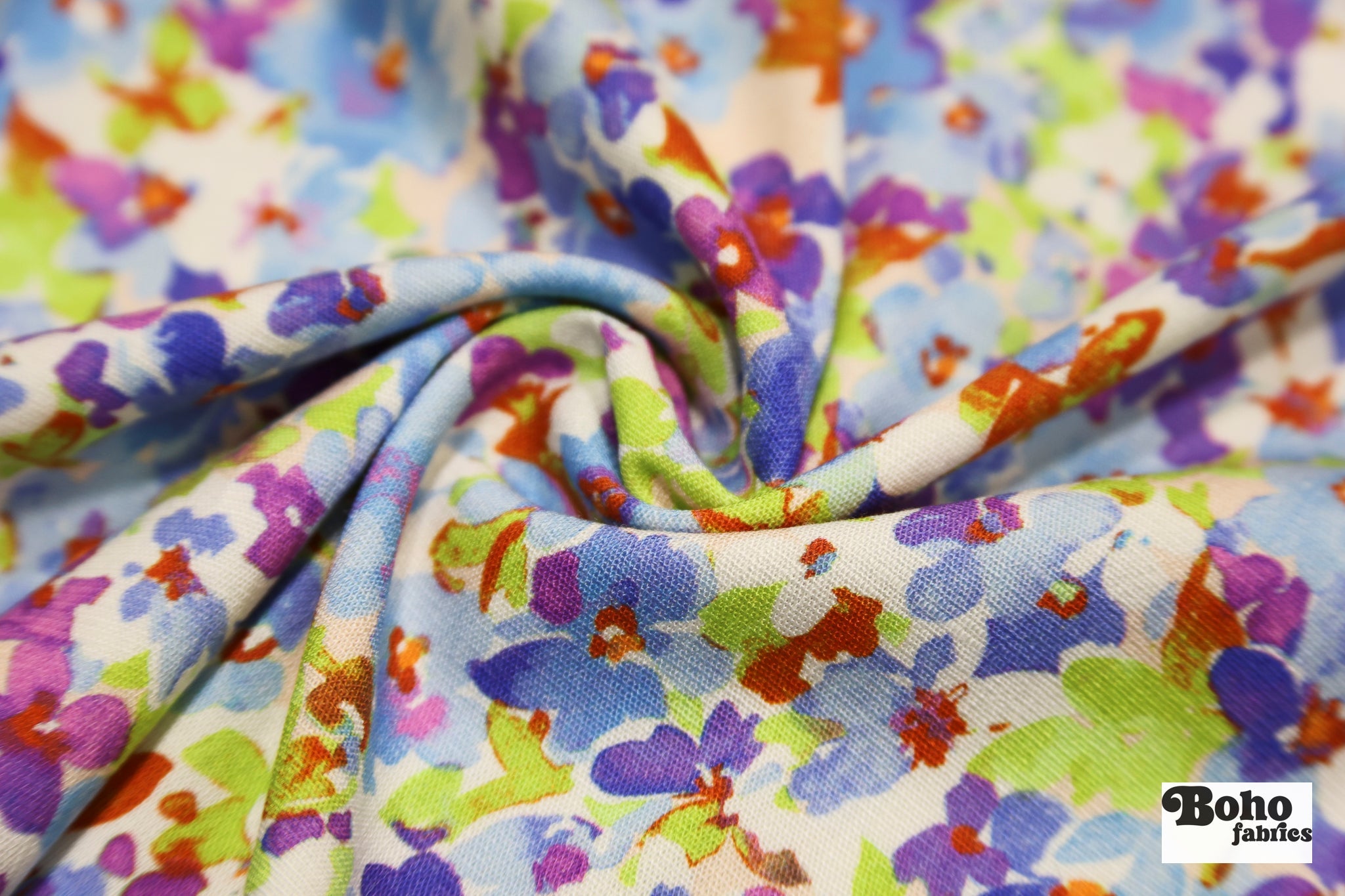 Hillside Posies in Bluebell. Rayon Slub Stretch Woven Fabric - Linen Look - Boho Fabrics - Stretch Woven Fabric