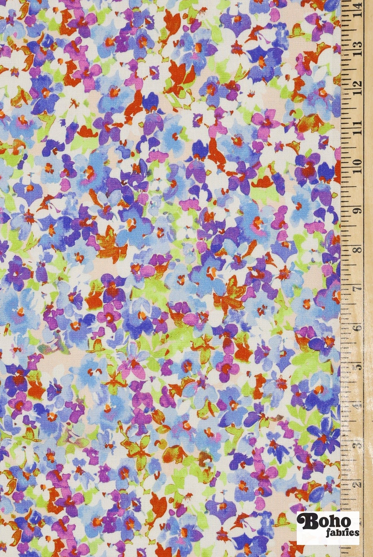 Hillside Posies in Bluebell. Rayon Slub Stretch Woven Fabric - Linen Look - Boho Fabrics - Stretch Woven Fabric