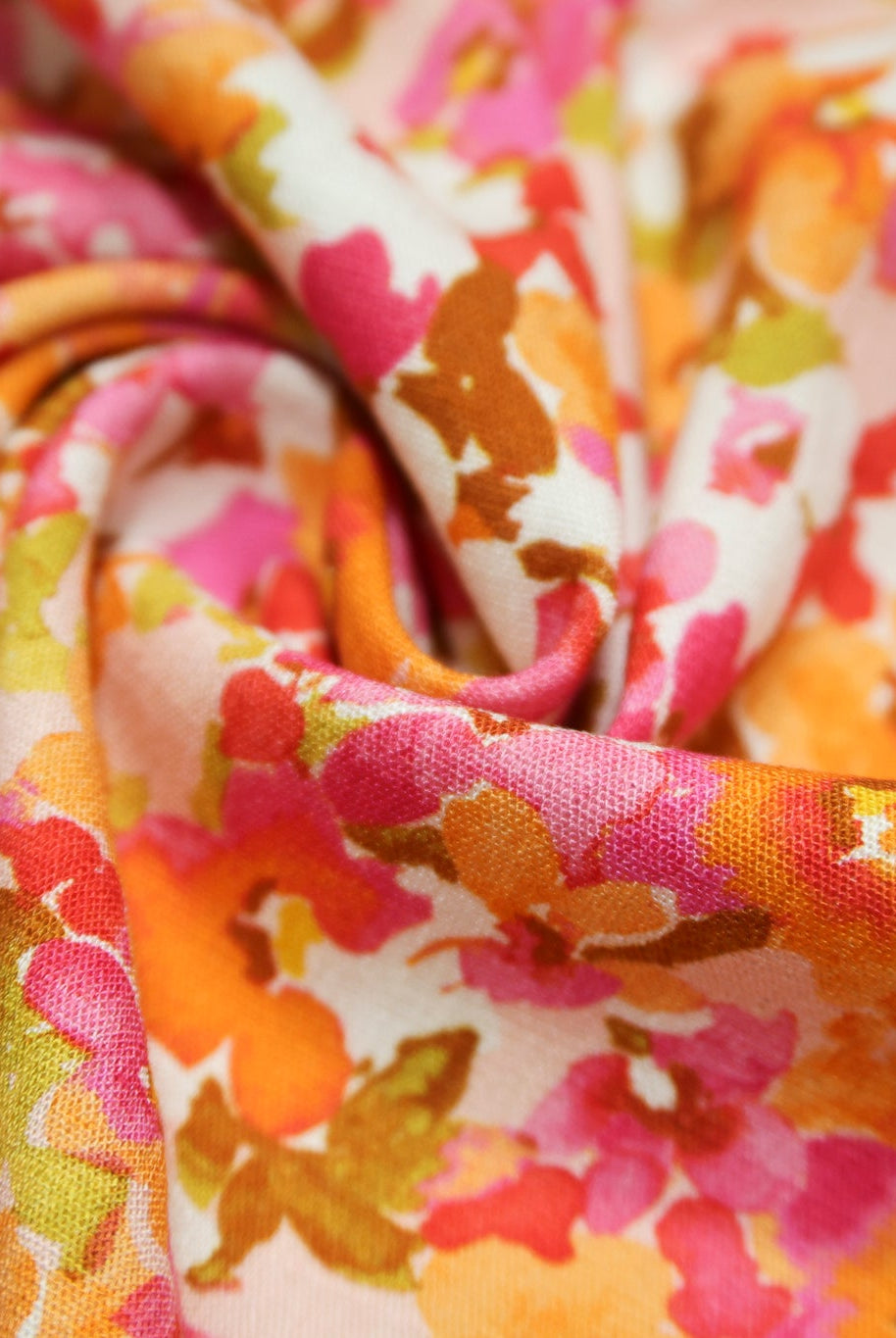 Hillside Posies in Coral. Rayon Slub Stretch Woven Fabric - Linen Look. - Boho Fabrics - Stretch Woven Fabric