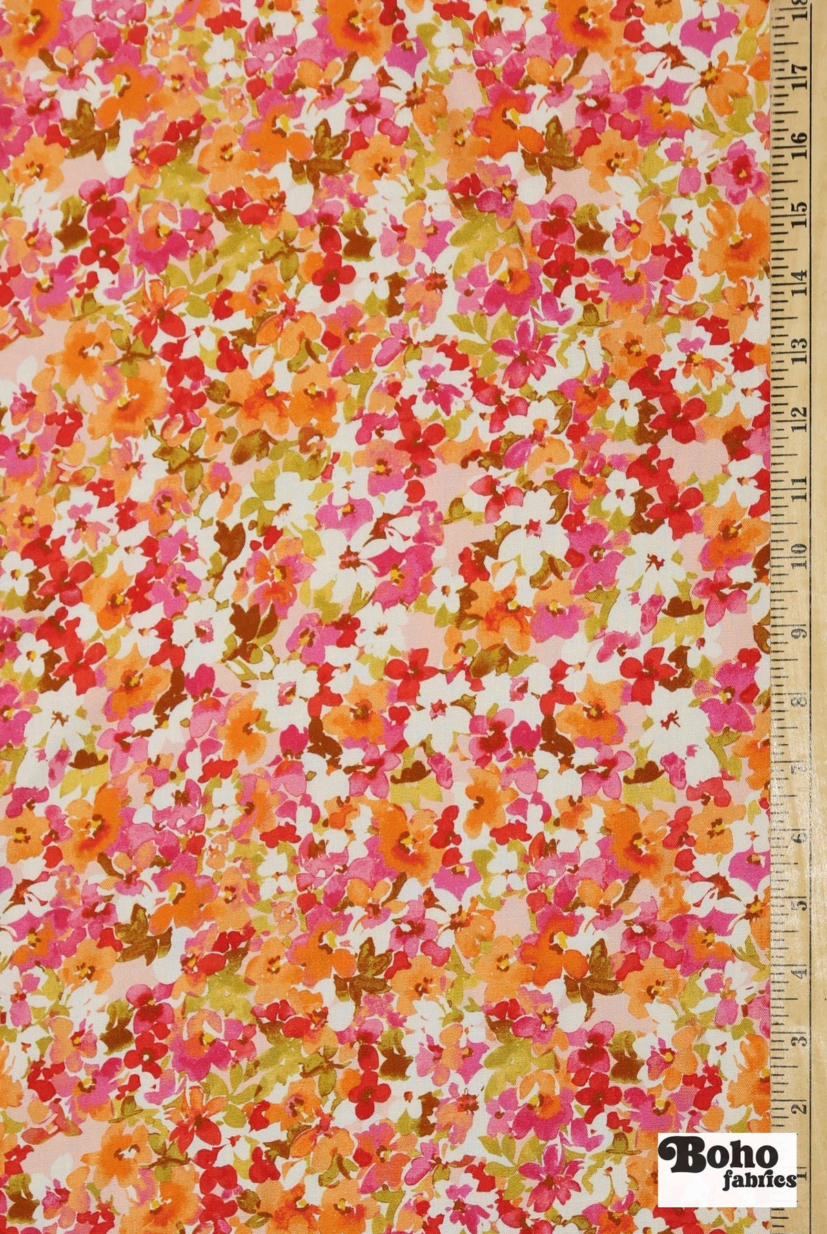 Hillside Posies in Coral. Rayon Slub Stretch Woven Fabric - Linen Look. - Boho Fabrics - Stretch Woven Fabric