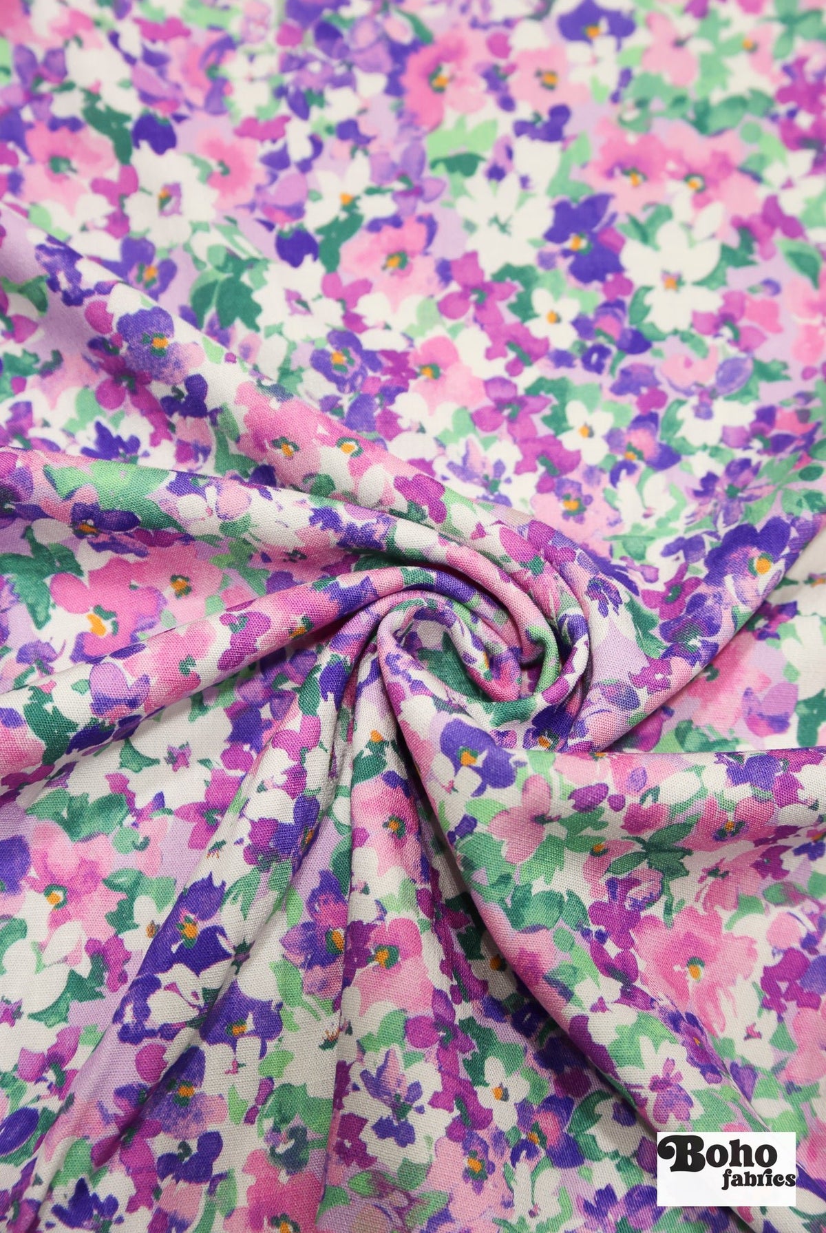 Hillside Posies in Lilac. Rayon Slub Stretch Woven Fabric - Linen Look - Boho Fabrics - Stretch Woven Fabric