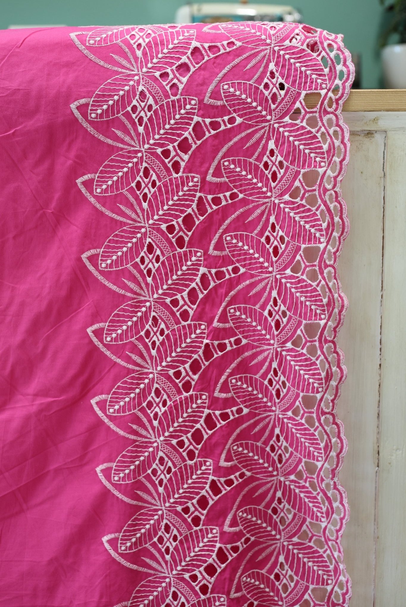 Hot Pink, Retro Tropic Embroidered Florals, Cotton Woven Fabric - Boho Fabrics - Shirting, Woven