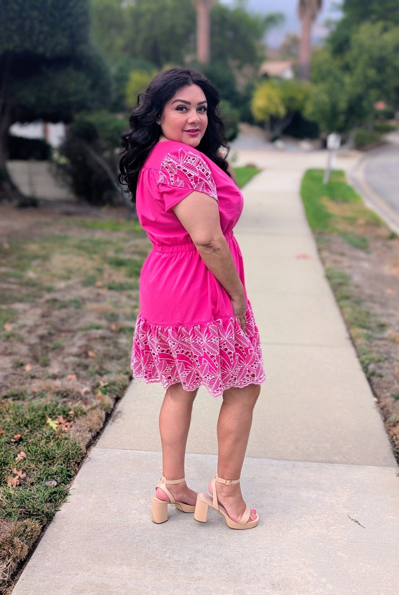 Hot Pink, Retro Tropic Embroidered Florals, Cotton Woven Fabric - Boho Fabrics - Shirting, Woven