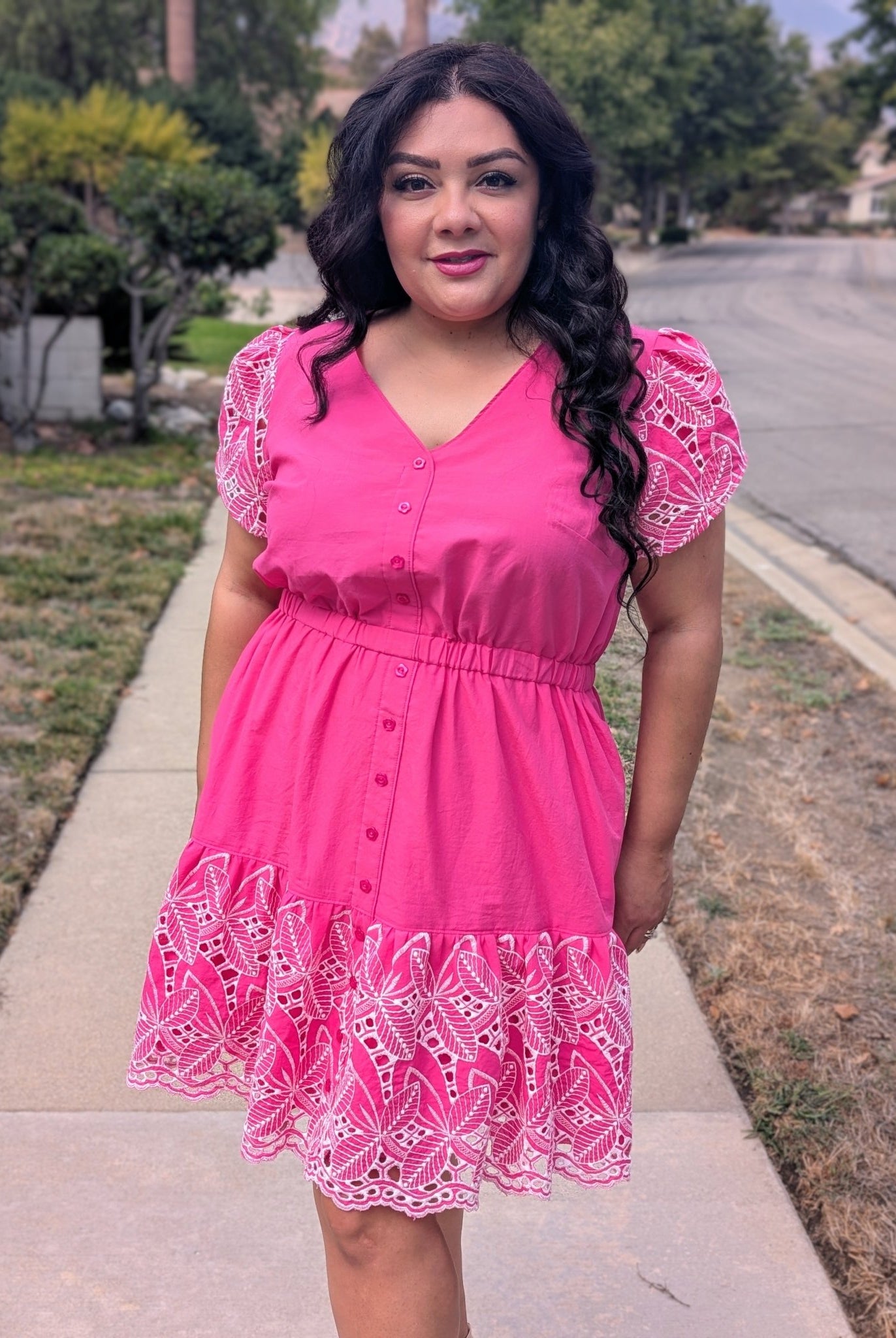 Hot Pink, Retro Tropic Embroidered Florals, Cotton Woven Fabric - Boho Fabrics - Shirting, Woven