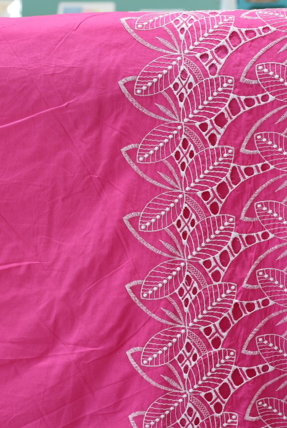 Hot Pink, Retro Tropic Embroidered Florals, Cotton Woven Fabric - Boho Fabrics - Shirting, Woven