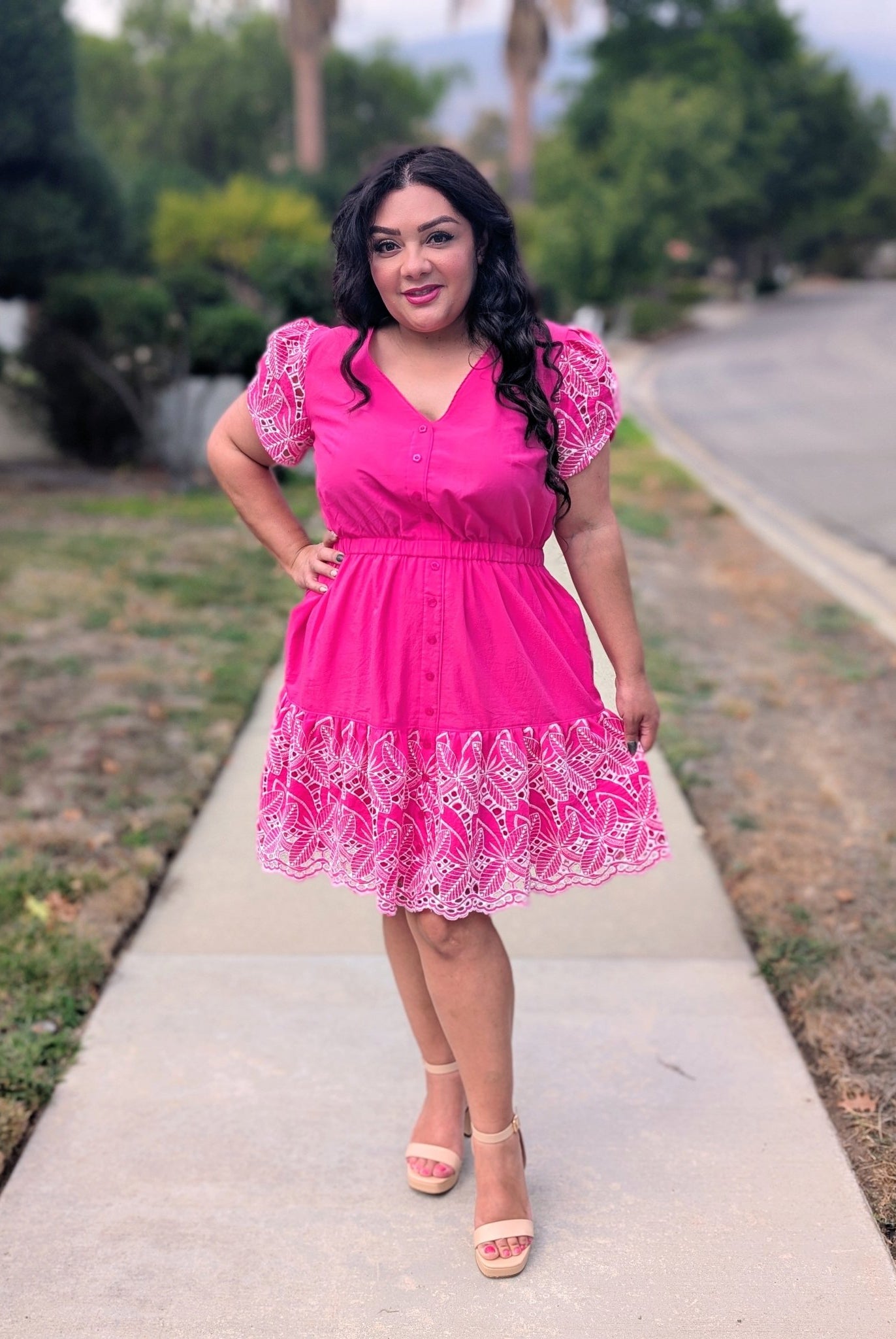 Hot Pink, Retro Tropic Embroidered Florals, Cotton Woven Fabric - Boho Fabrics - Shirting, Woven