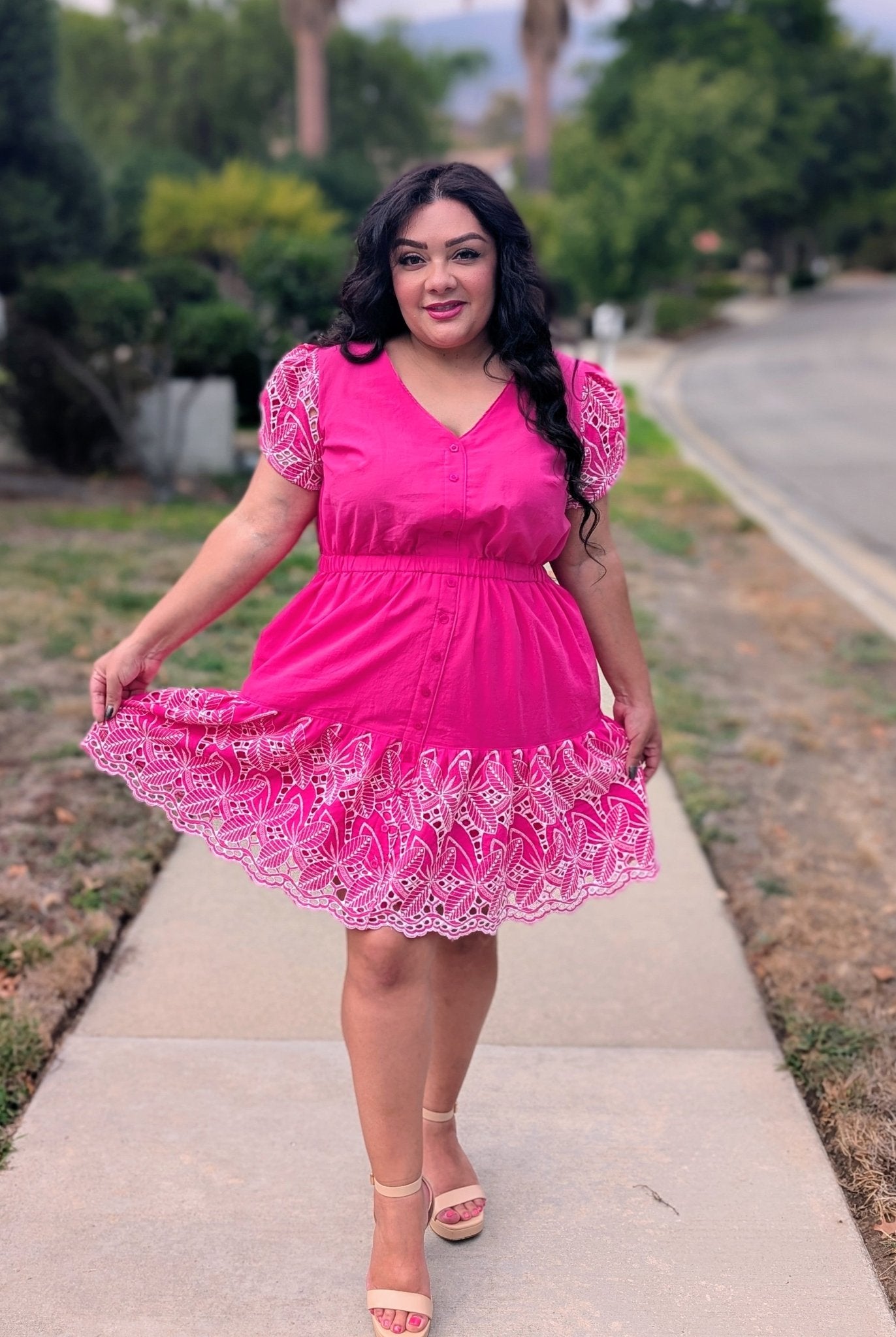 Hot Pink, Retro Tropic Embroidered Florals, Cotton Woven Fabric - Boho Fabrics - Shirting, Woven