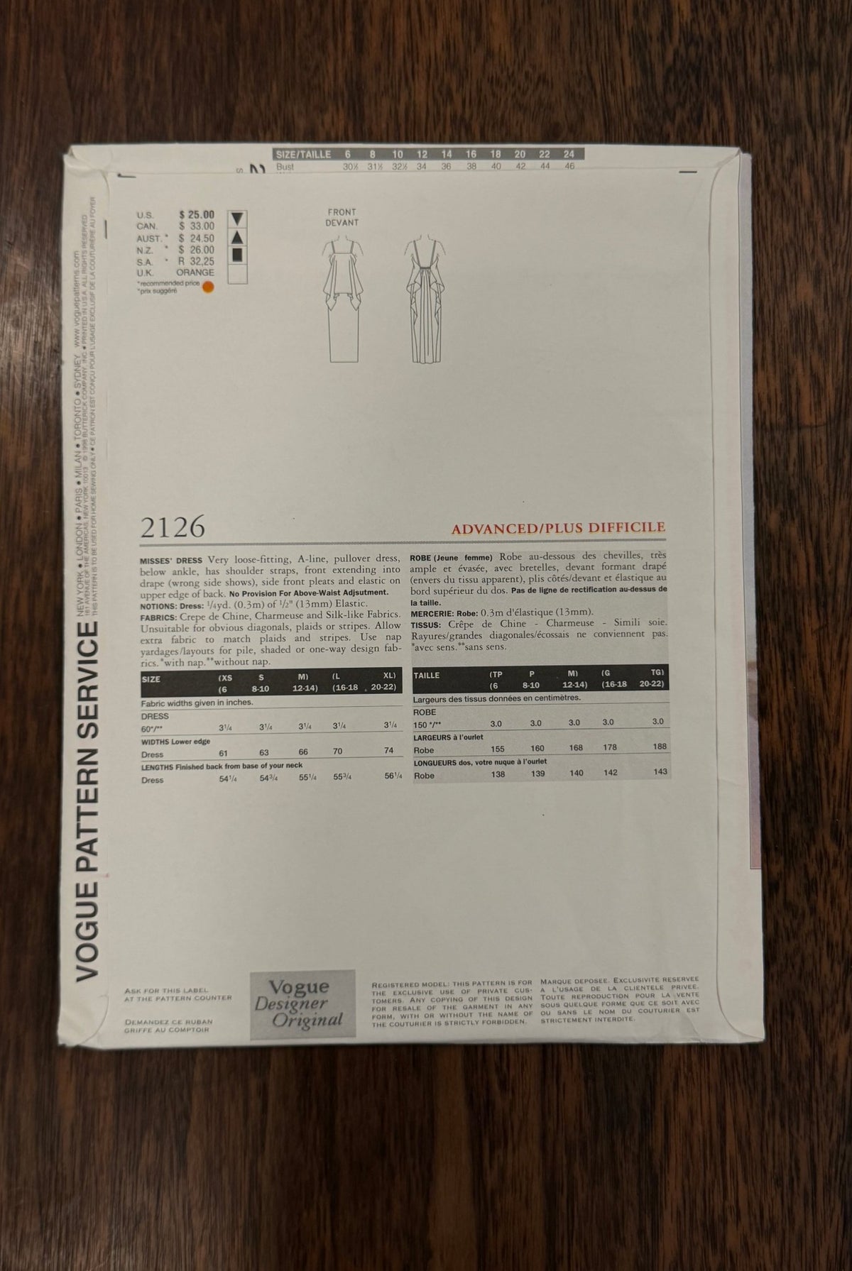 Issey Miyake | Vogue Designer Original Sewing Pattern #2126 — Size L-XL, Vintage 1998, with Original Vogue Sew-In Label - Boho Fabrics - Sewing Patterns