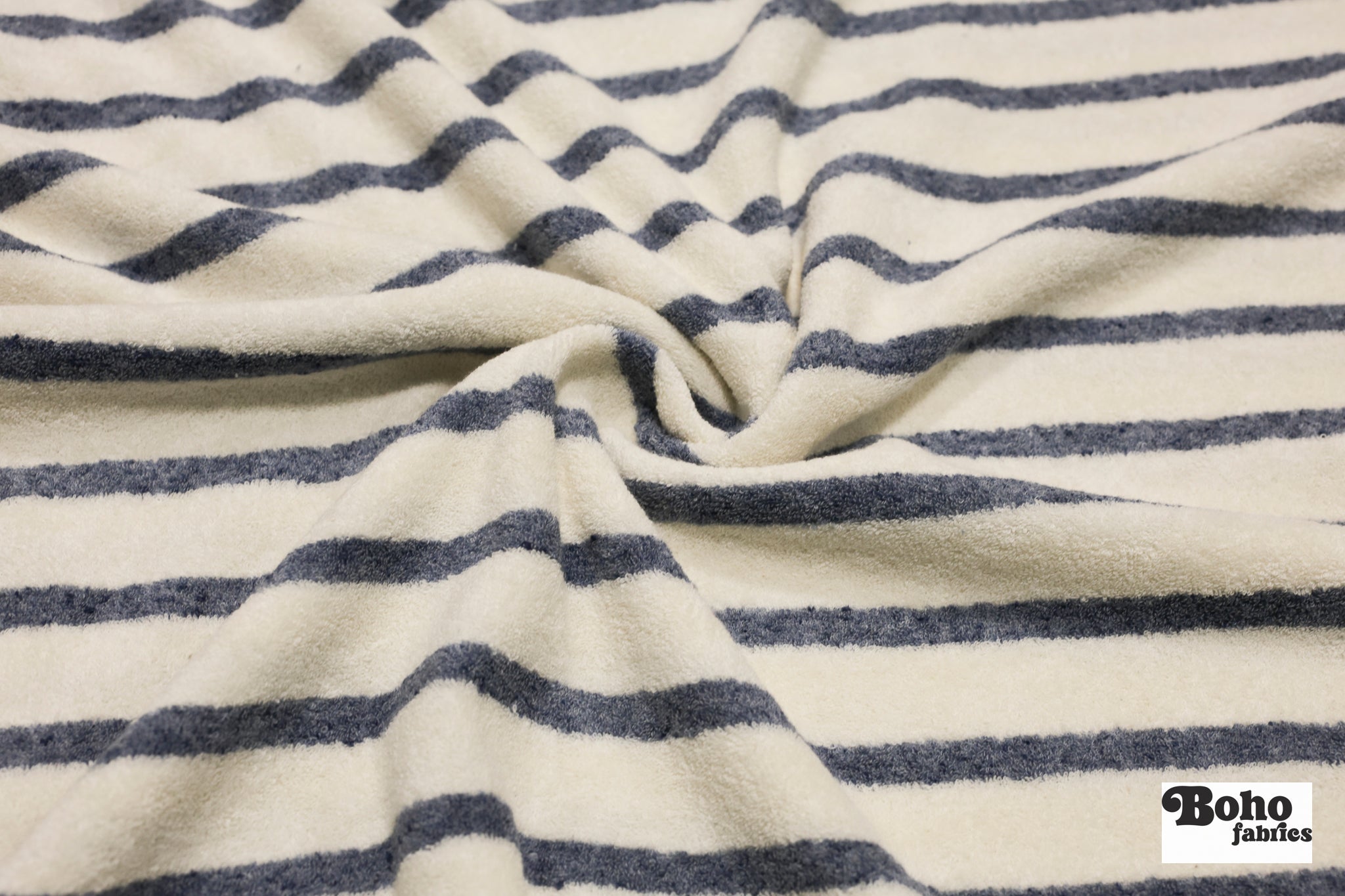 Ivory & Blue Striped Terry Cloth Knit Fabric - Boho Fabrics - French Terry Solid Knit