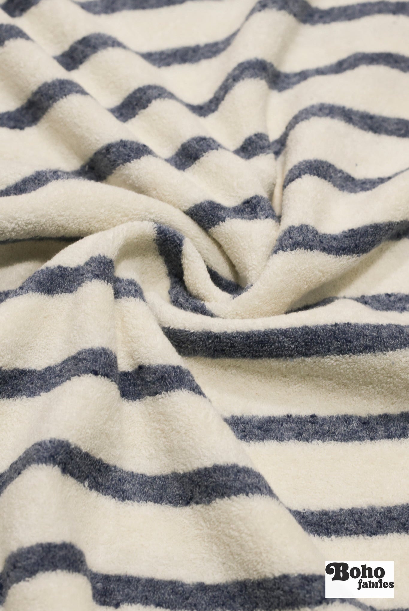 Ivory & Blue Striped Terry Cloth Knit Fabric - Boho Fabrics - French Terry Solid Knit