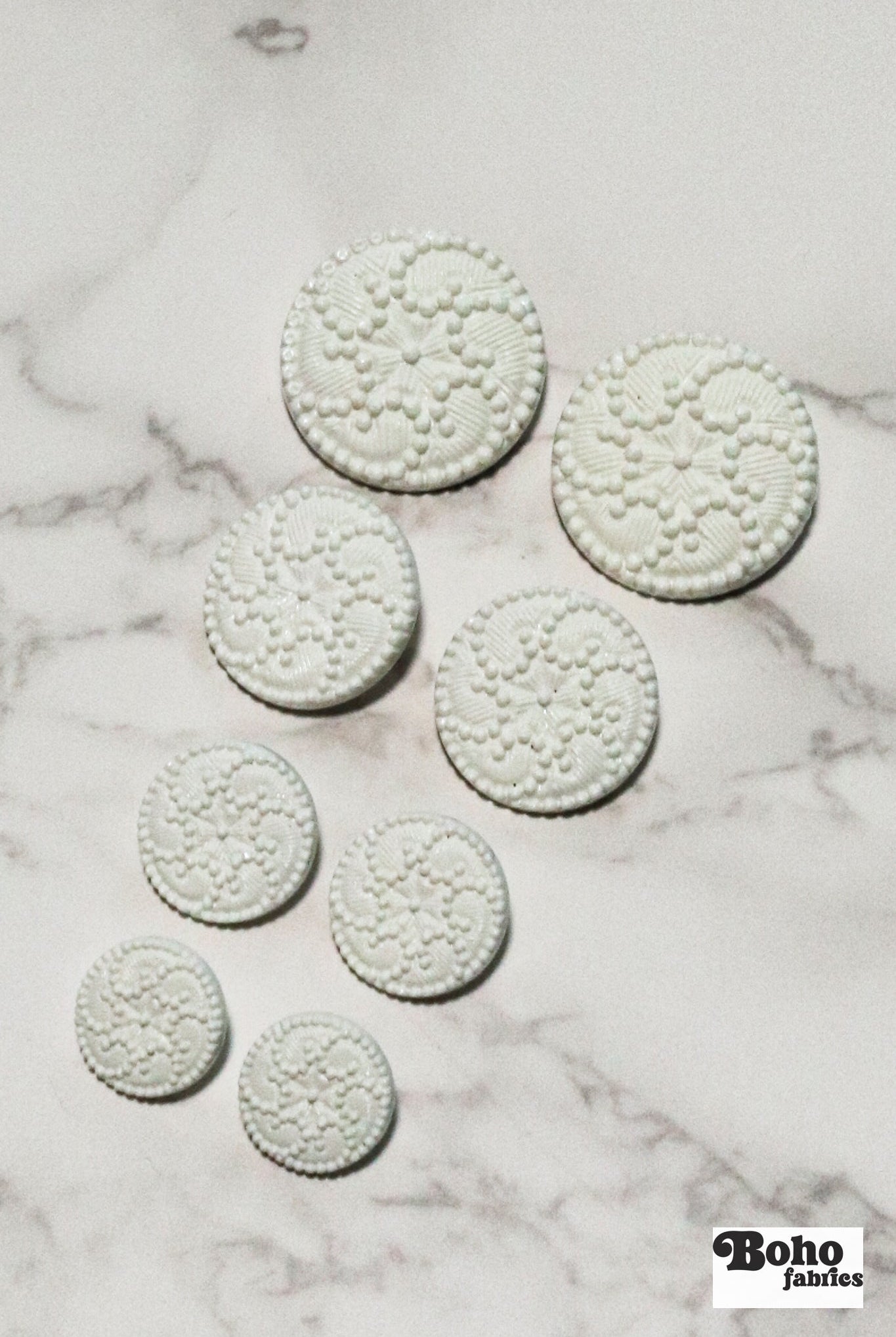 Ivory Victorian Revival Pinwheel Swirl Shank Buttons. Available in 15mm (24L), 18mm (28L), 20mm (32L), and 28mm (44L) - Boho Fabrics - Buttons & Snaps