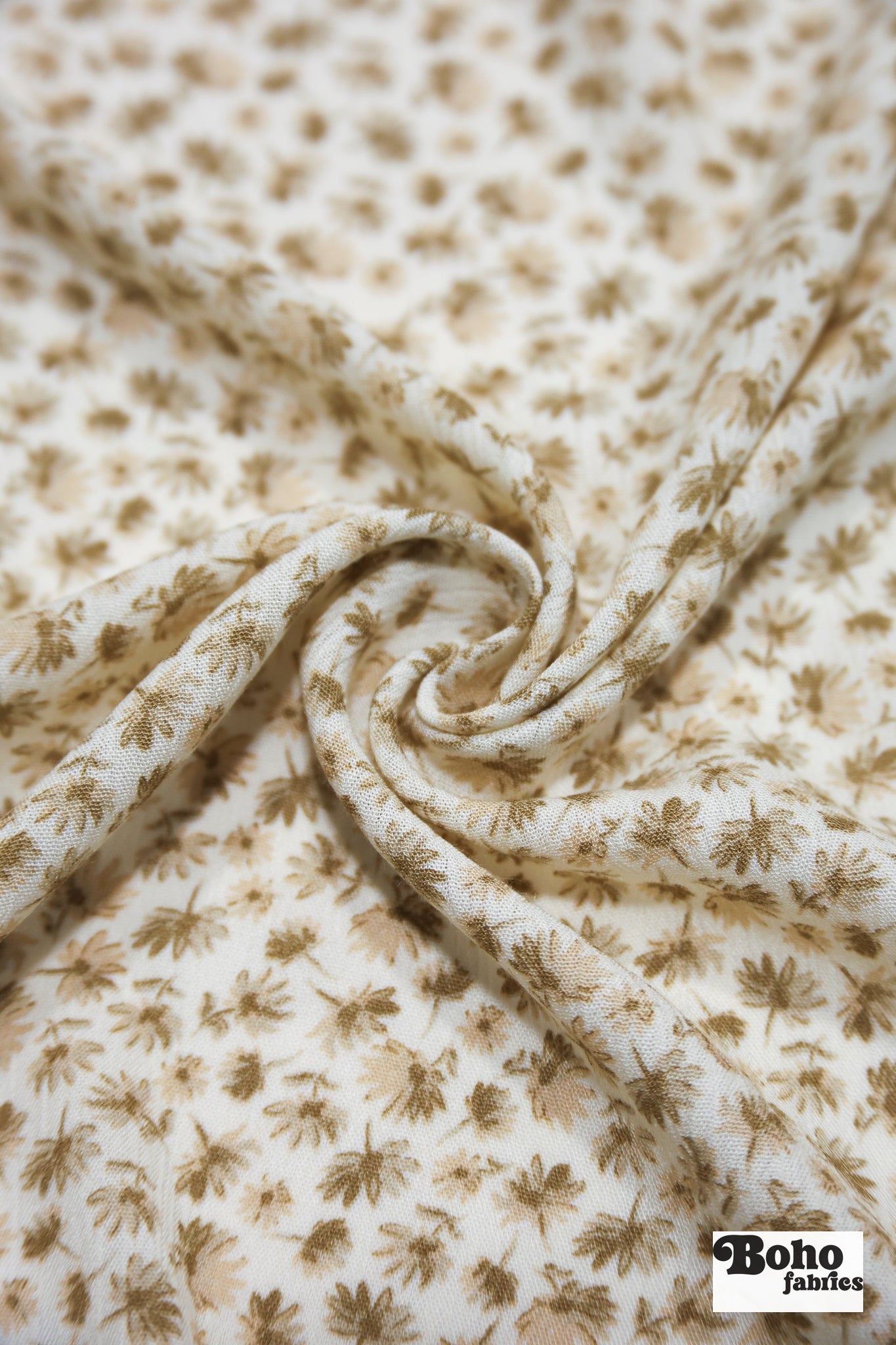 Ivory with Ditsy Tan & Olive Flowers Rayon Crepe Woven Fabric - Boho Fabrics - Crepe, Woven