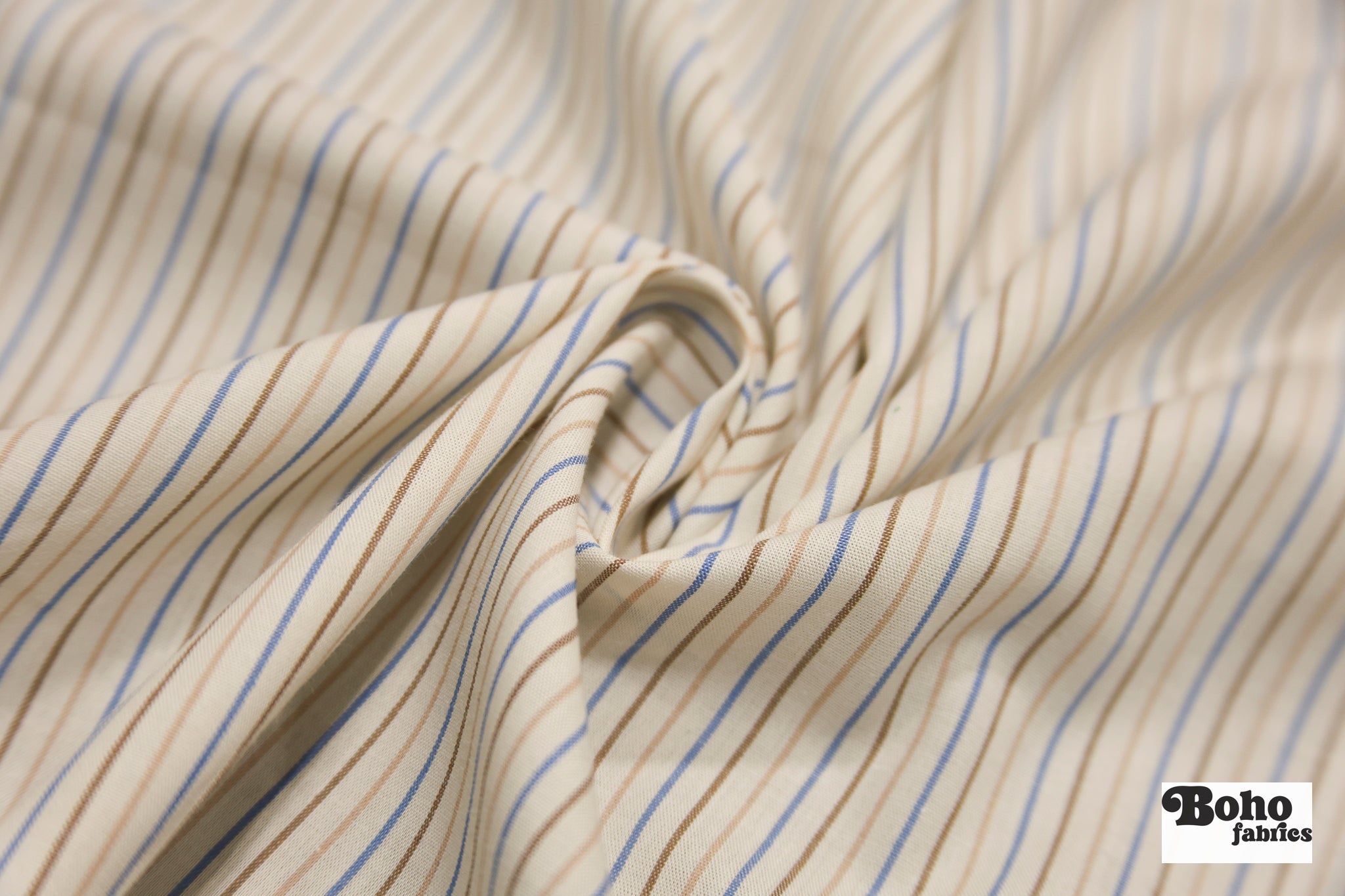 Ivory with Tan, Brown, & Blue Stripes Woven Fabric - Boho Fabrics - Woven Fabric