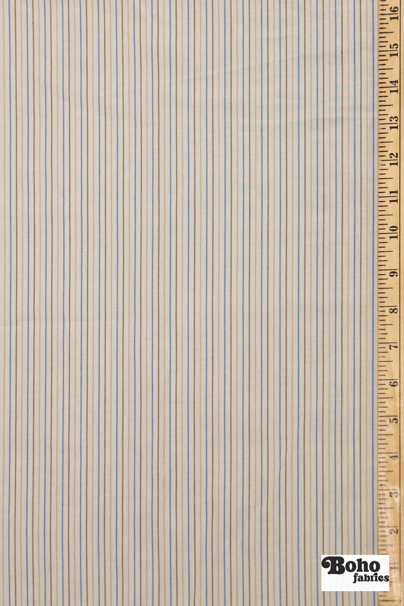 Ivory with Tan, Brown, & Blue Stripes Woven Fabric - Boho Fabrics - Woven Fabric